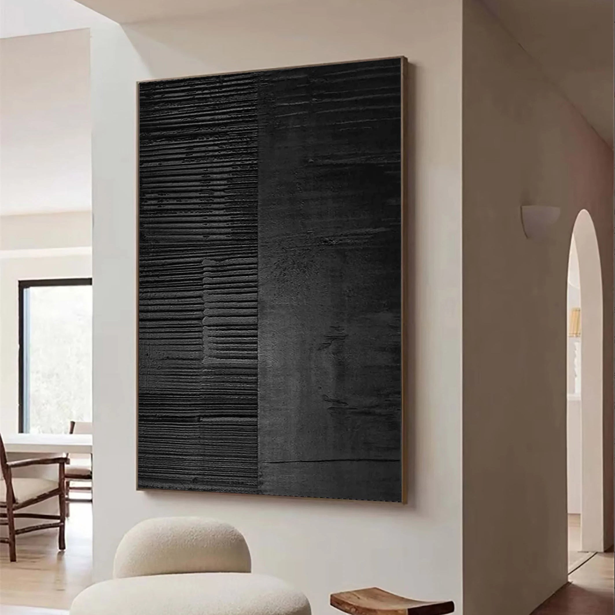 Carbon Grid – Hand-Painted Pure Black Plaster Effect Industrial Line Relief Wabi-Sabi Painting | Japandi Wabi-Sabi Living Room & Bedroom Art