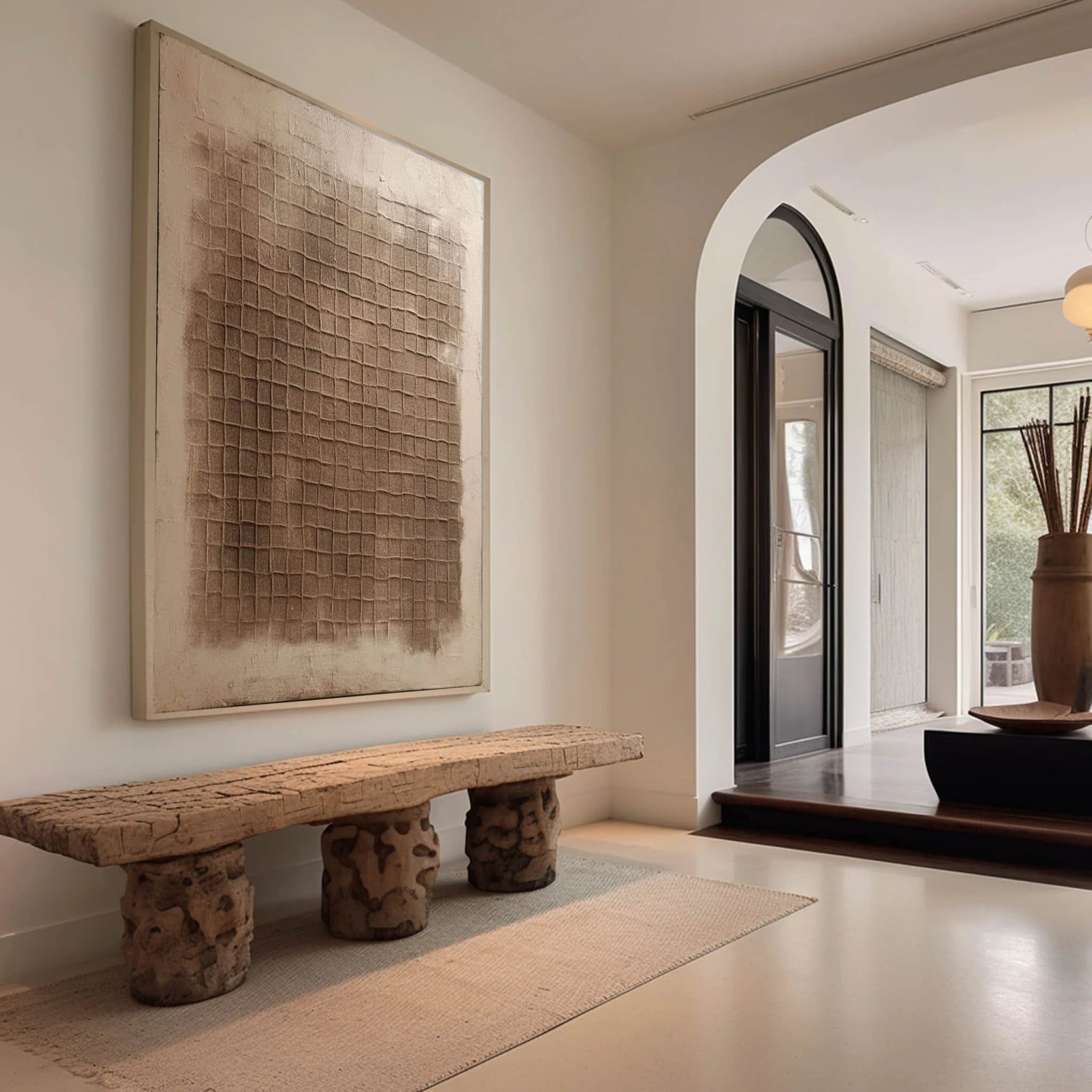 Ancient Texture – Earthy Tone Plaster Relief Grid Wabi-Sabi Painting | Japandi Organic Wabi-Sabi Living Room & Hallway Art