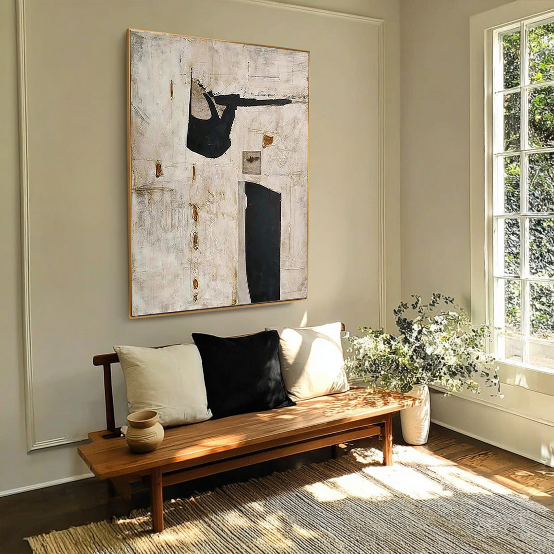 Ancient Echo – Modern Neutral Plaster Relief with Black Geometric Shapes Wabi-Sabi Painting | Japandi Organic Wabi-Sabi Living Room & Hallway Art