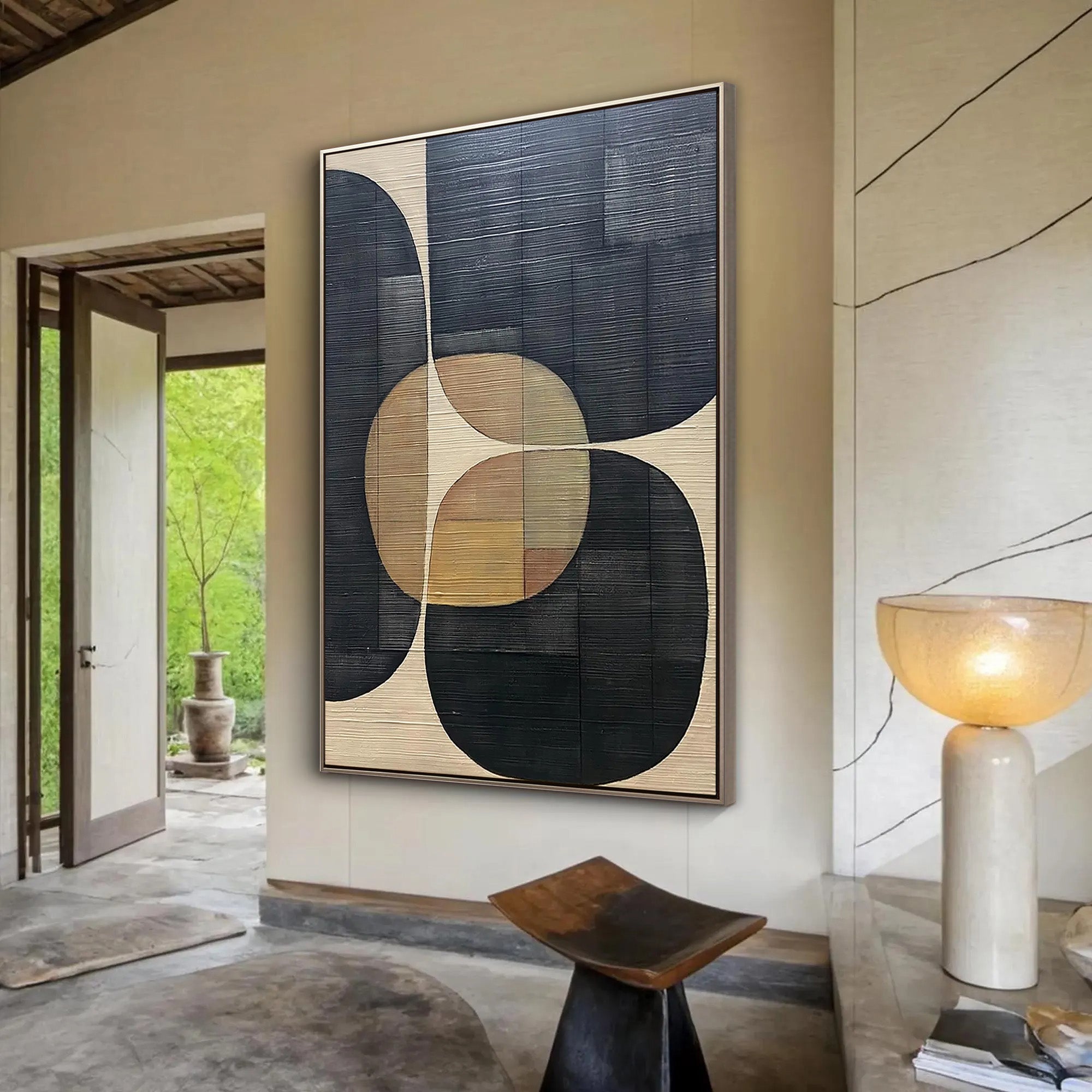 Bauhaus Rhythm –  Mid-century Modern Geometric Art | Neutral Tone Abstract Textured  Hallway Painting
