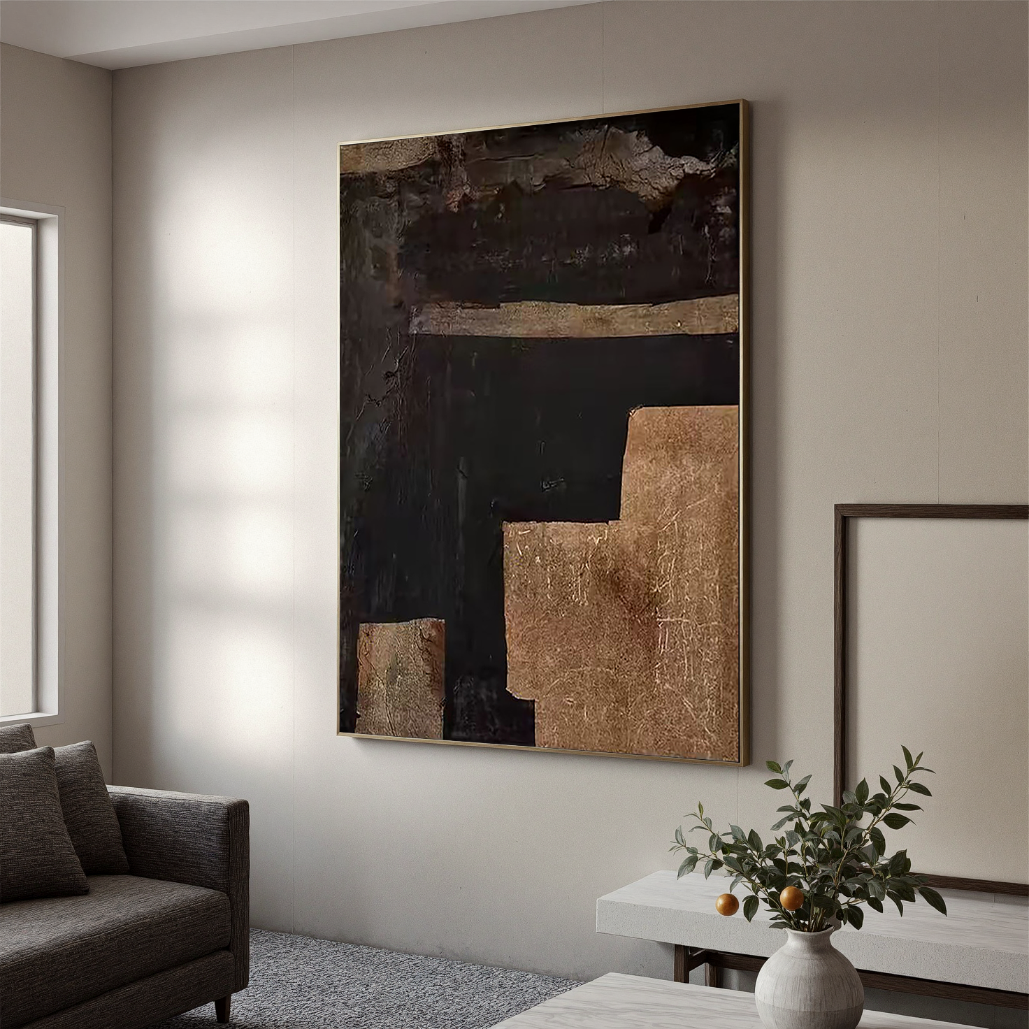 Time Fault Line – Wabi-Sabi Style Black-and-Gold Texture Painting | Modern Industrial-Style Hallway Art