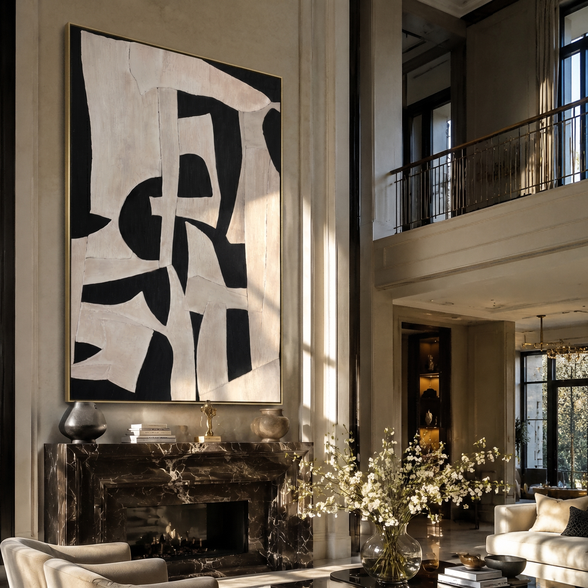 The Shifting Balance – Minimalist Black & Off-White Crackle Painting | High-End Abstract Hallway Art