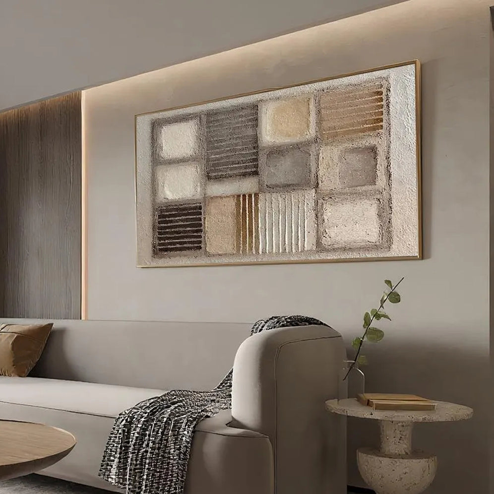 Earthen Mosaic – Modern Neutral Plaster Relief Grid Wabi-Sabi Painting | Japandi Organic Wabi-Sabi Living Room & Hallway Art