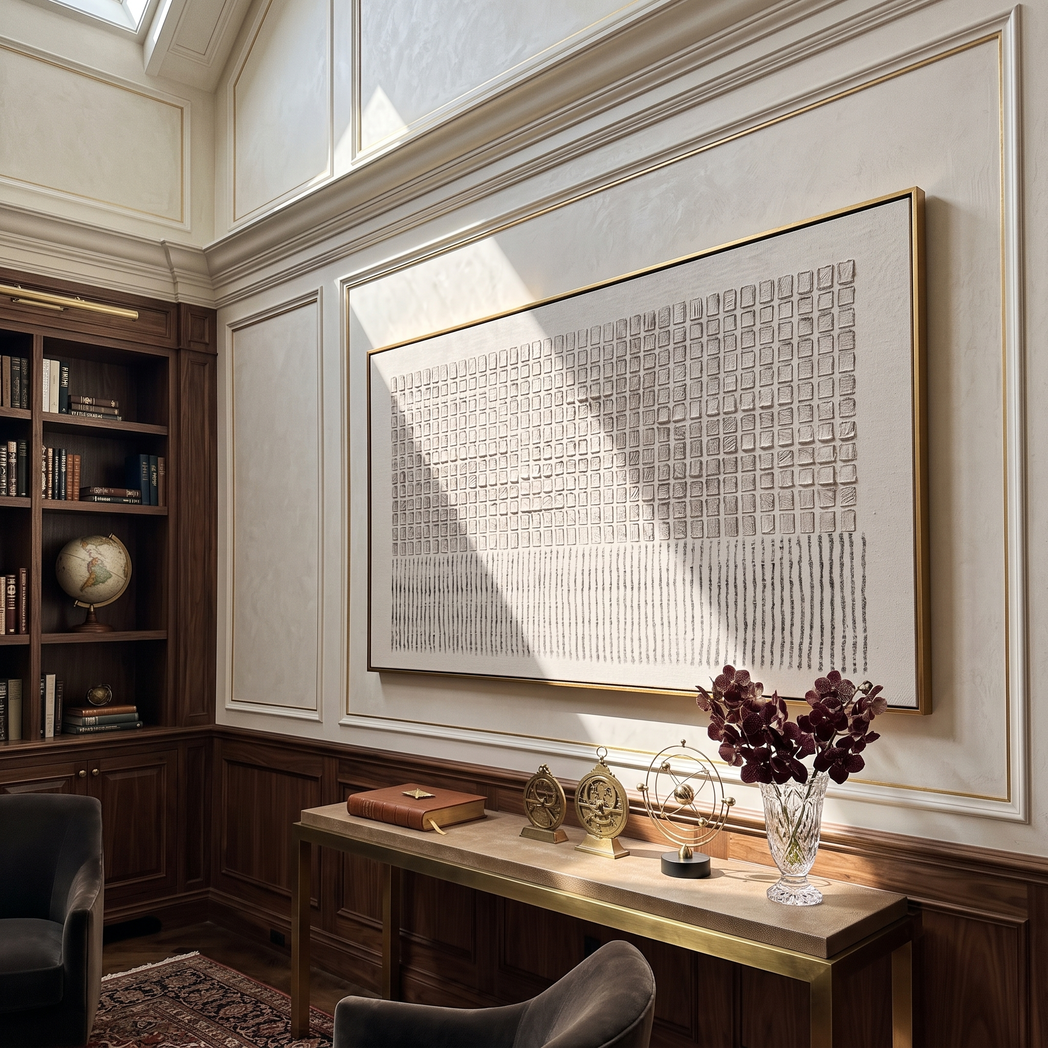 Linen Grid – Panoramic Cream Textured Grid with Line Marks Painting | Wabi-Sabi Panoramic Art