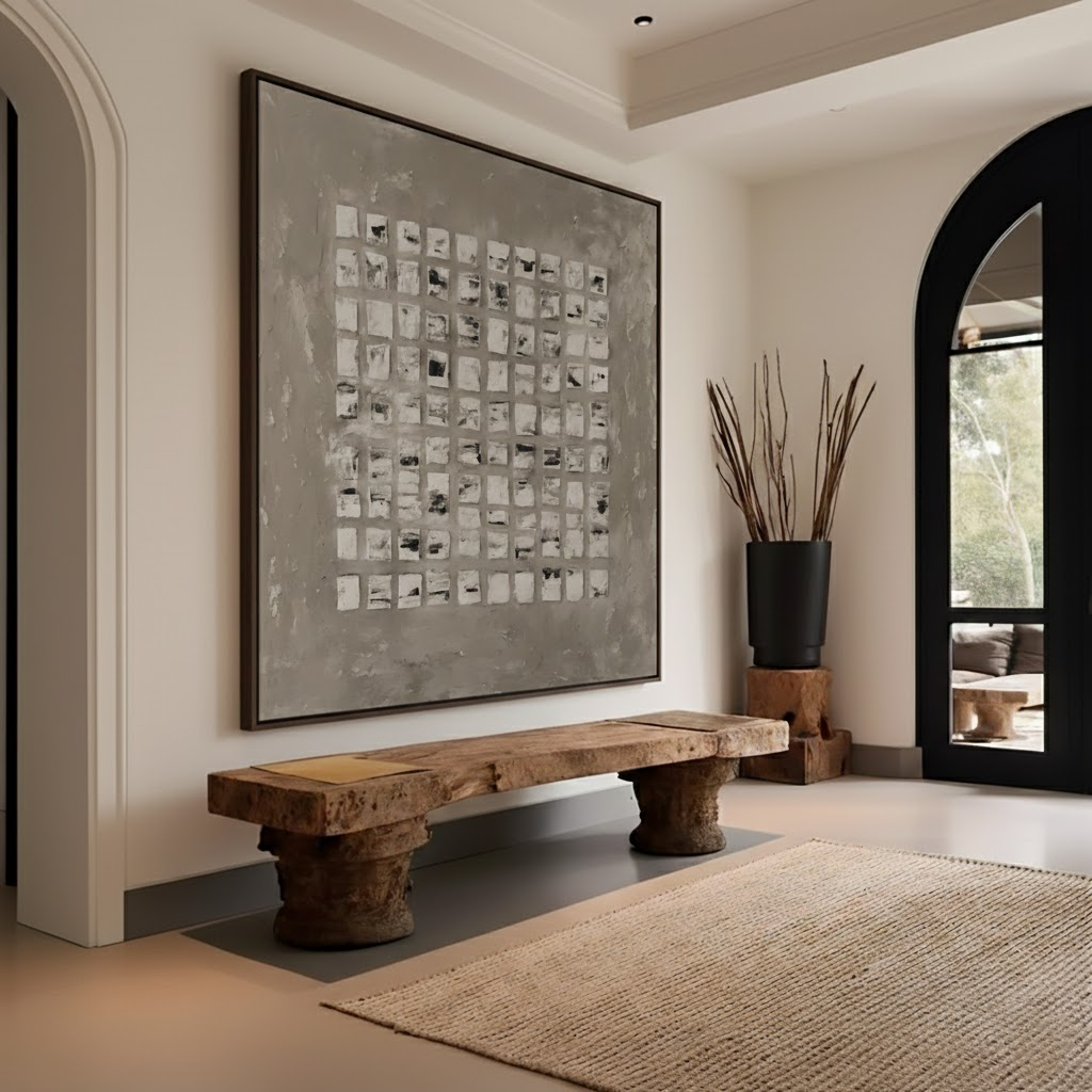 Square Sequence – Hand-Painted Neutral Grey Matrix Plaster Relief Wabi-Sabi Painting | Japandi Organic Wabi-Sabi Living Room & Hallway Art