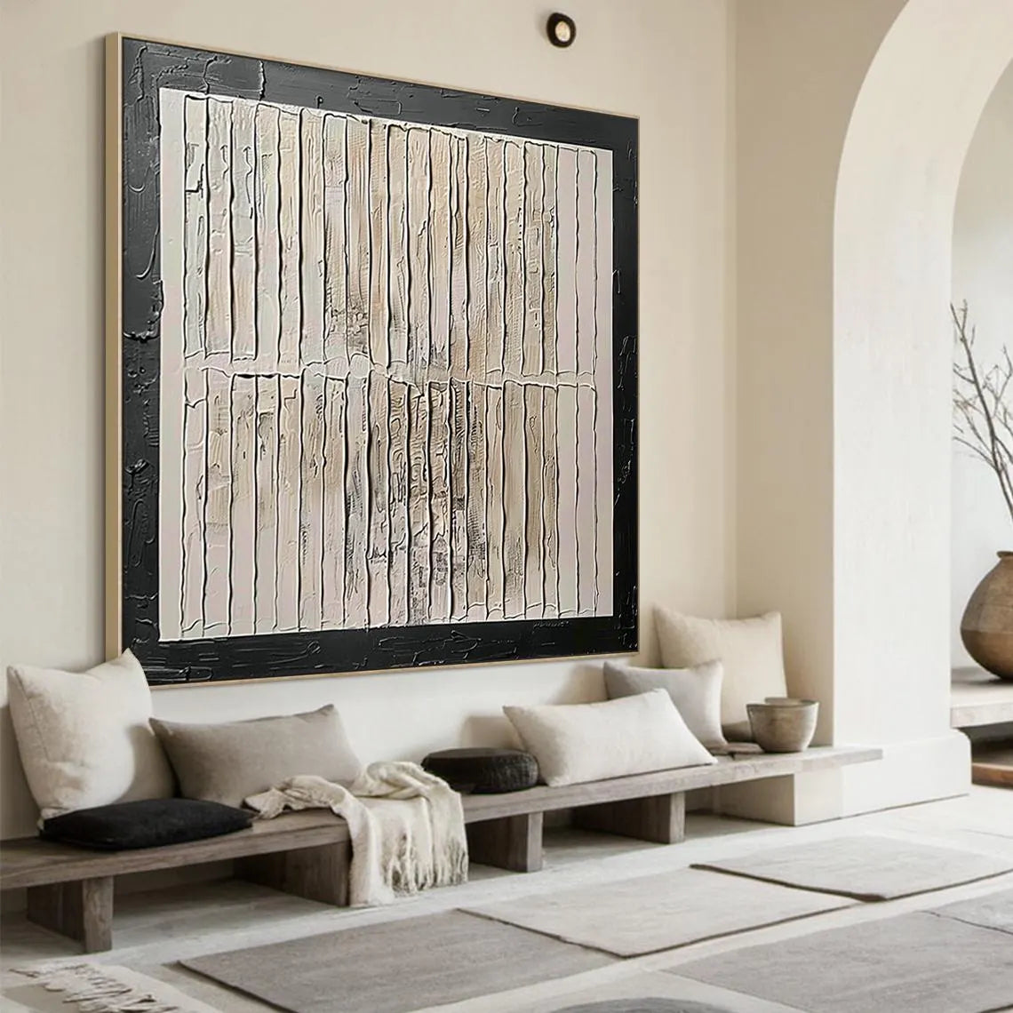 Structural Grid – Hand-Painted Black Framed Plaster Relief Wabi-Sabi Painting | Japandi Wabi-Sabi Living Room & Bedroom Art