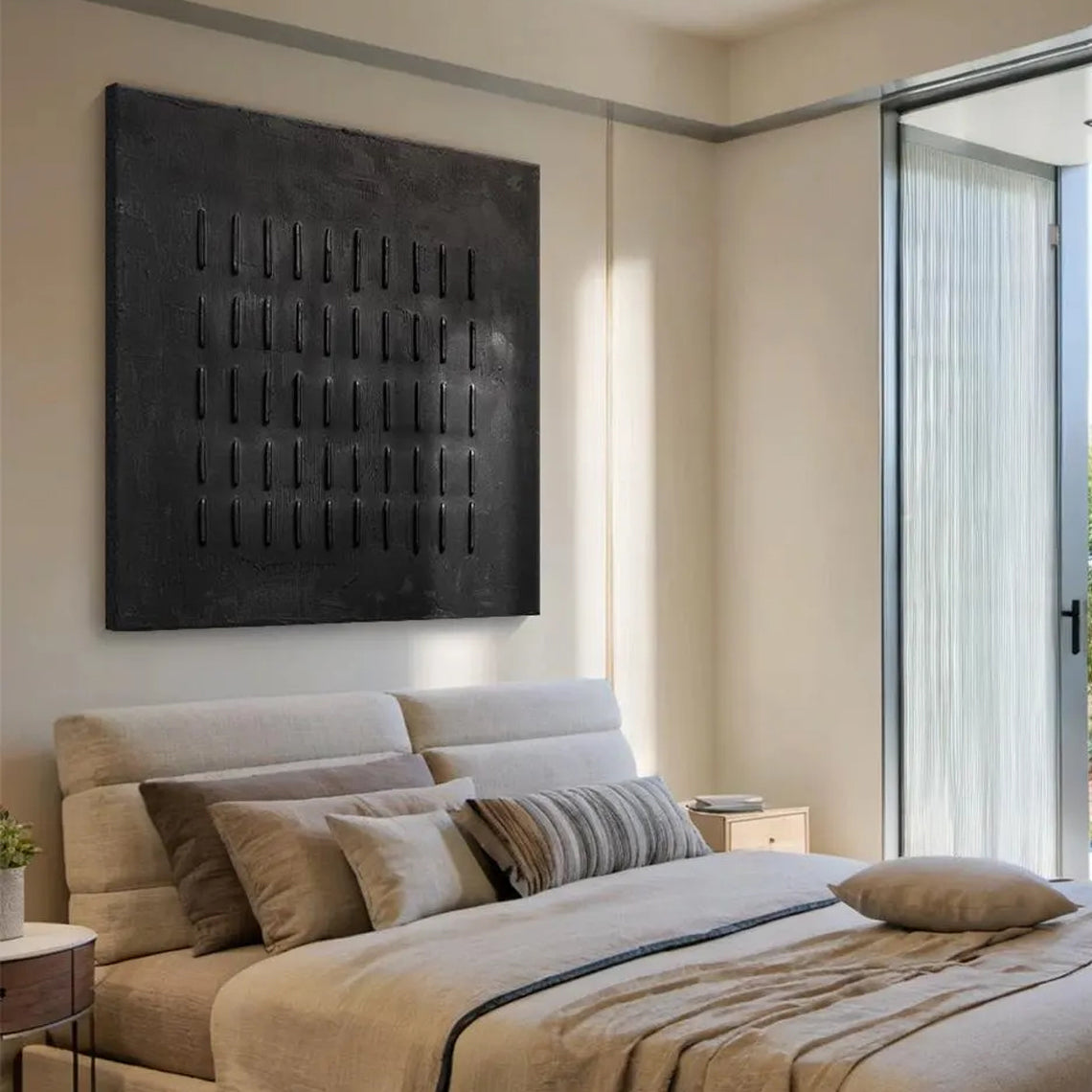 Onyx Rhythm – Hand-Painted All-Black Minimalist Plaster Relief Wabi-Sabi Painting | Modern Noir Wabi-Sabi Living Room & Home Office Art