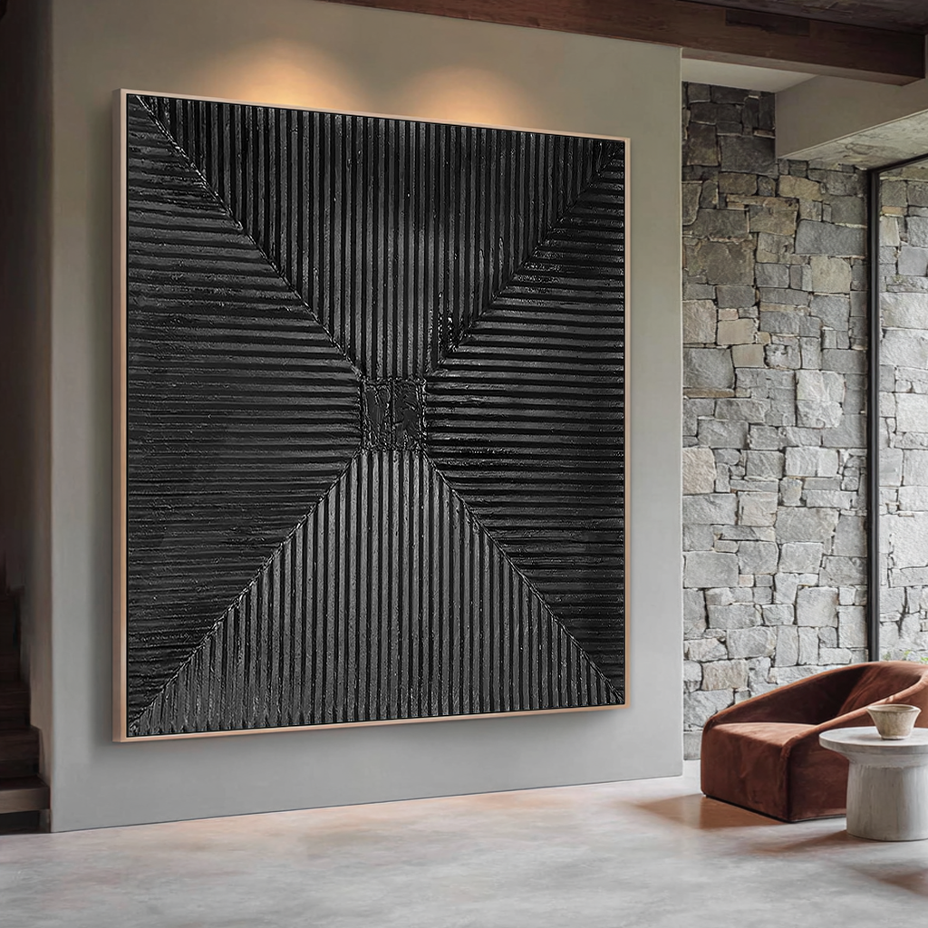 Dark Radiance – Modern Wabi-Sabi Radial Relief Monochromatic Minimalist Painting | Japandi Wabi-Sabi Living Room & Bedroom Art