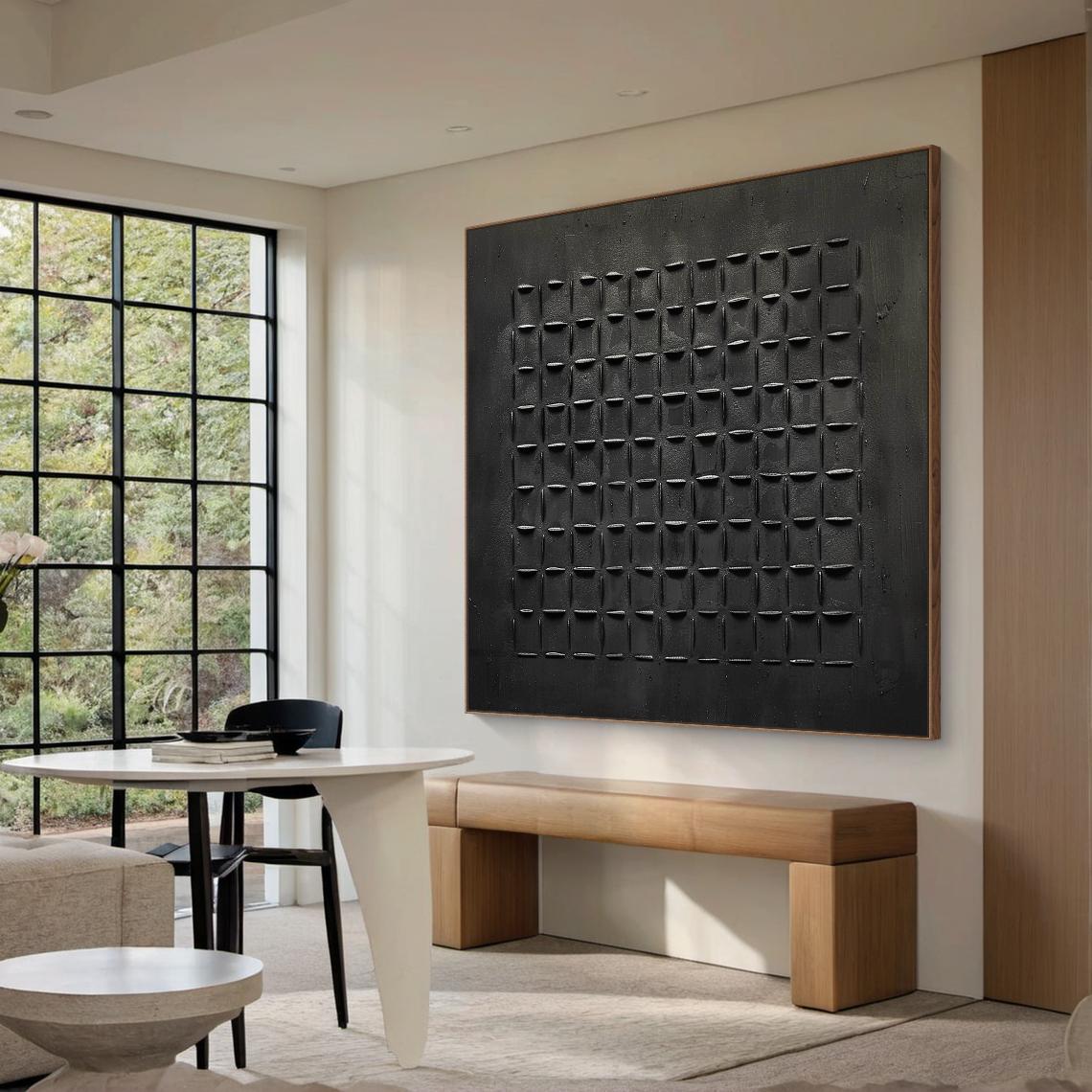 Onyx Grid – Modern Black Plaster Relief Abstract Wabi-Sabi Painting | Japandi Wabi-Sabi Living Room & Bedroom Art