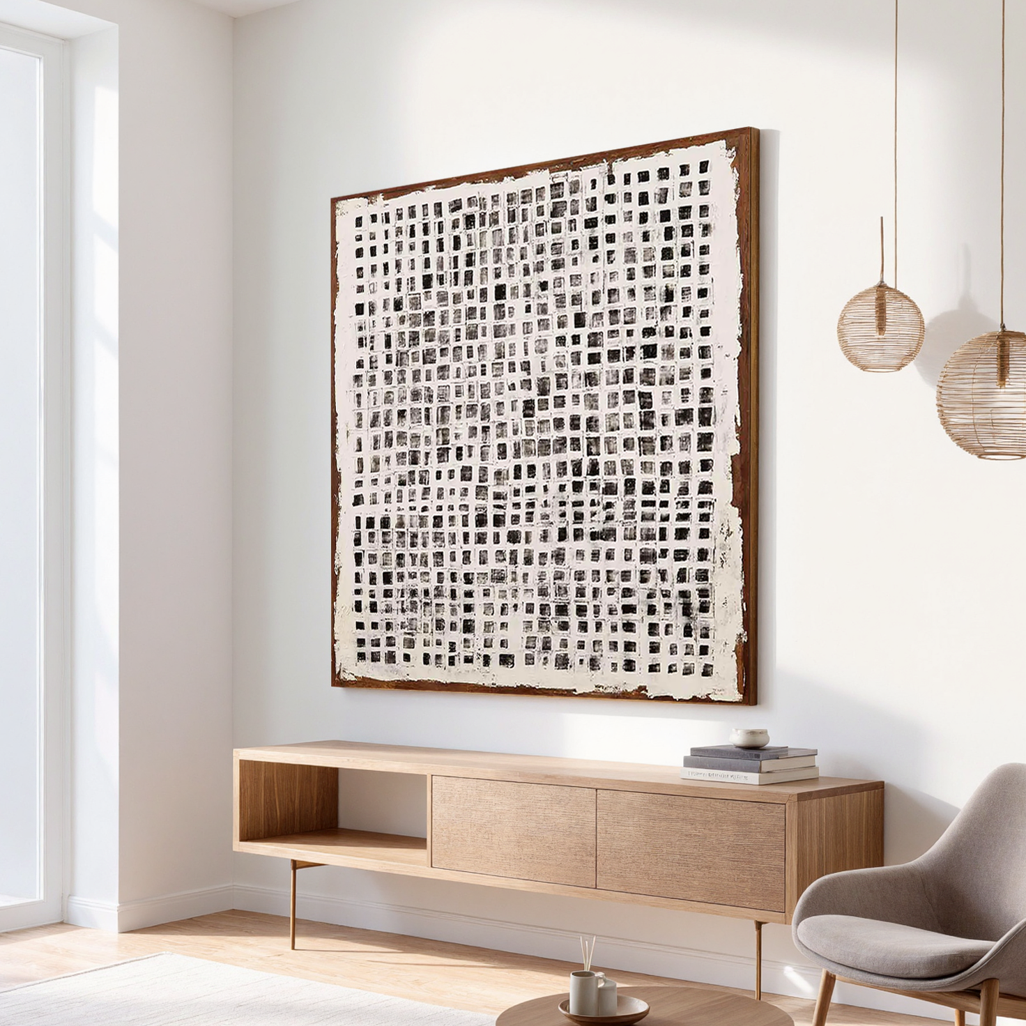 Monochrome Mosaic – Industrial Black and White Grid Impasto Painting | Avant-Garde Expressionist Living Room Art