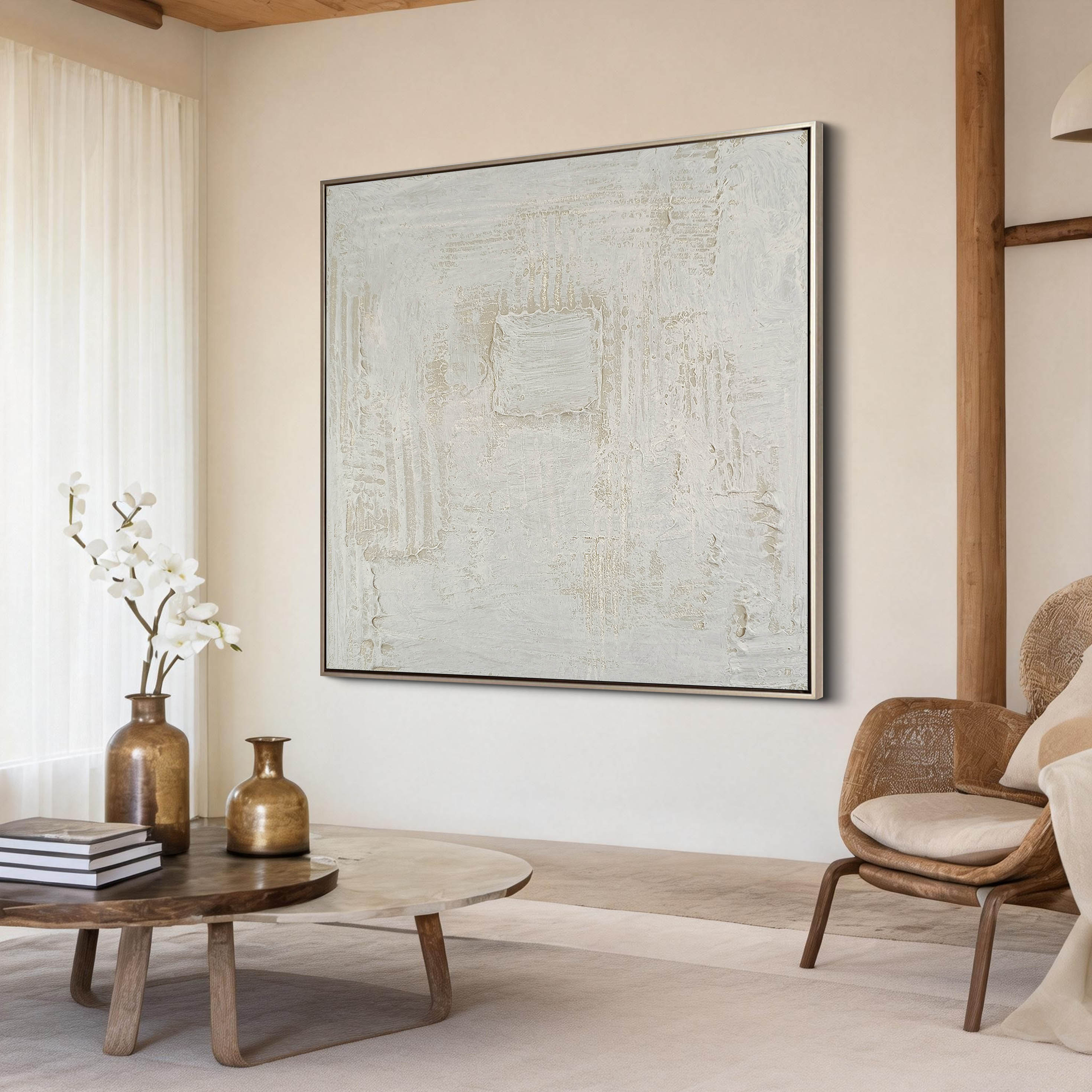 Ancient Square – Cream White Plaster Relief Wabi-Sabi Painting | Japandi Organic Wabi-Sabi Living Room & Hallway Art
