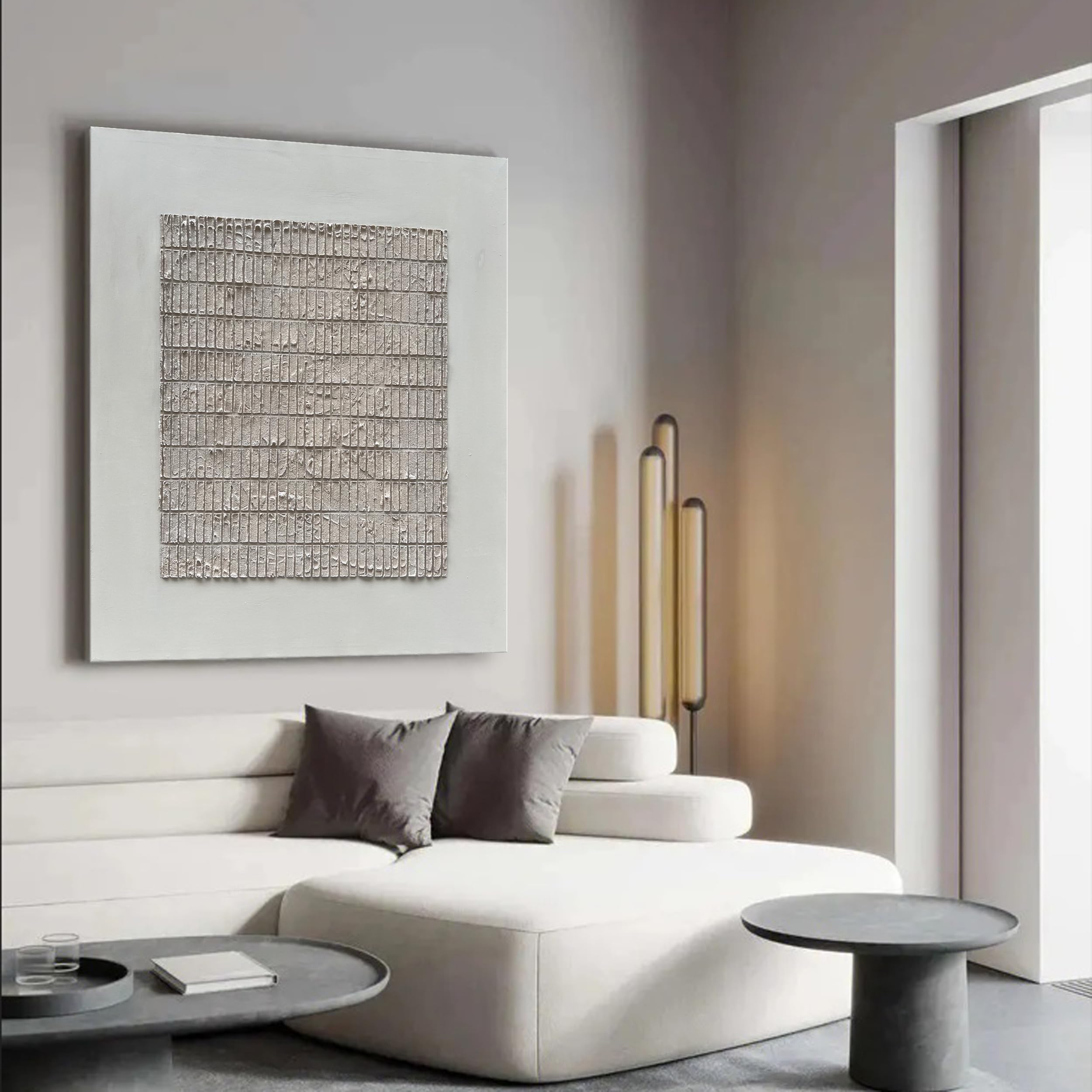 Temporal Grid – Wabi-Sabi Cement Gray Textured Abstract Painting | Modern Minimalist Entryway Art