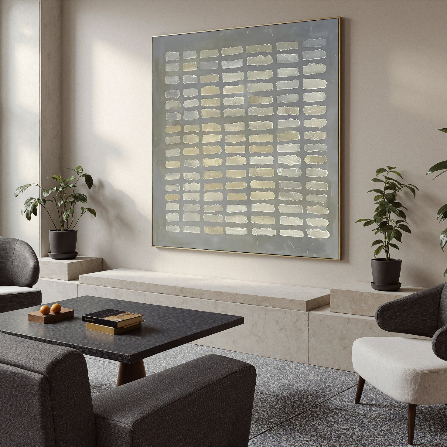 Whispered Matrix – Wabi-Sabi Slate Grey Minimalist Grid Painting | Modern Geometric Textured Hallway Art