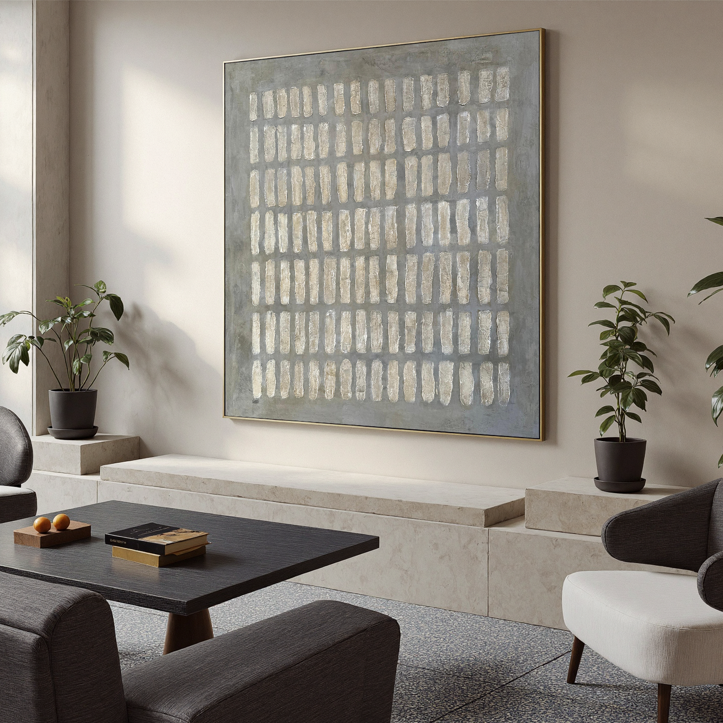 Stone Echo – Wabi-Sabi Slate Grey Minimalist Grid Painting | Modern Geometric Textured Hallway Art