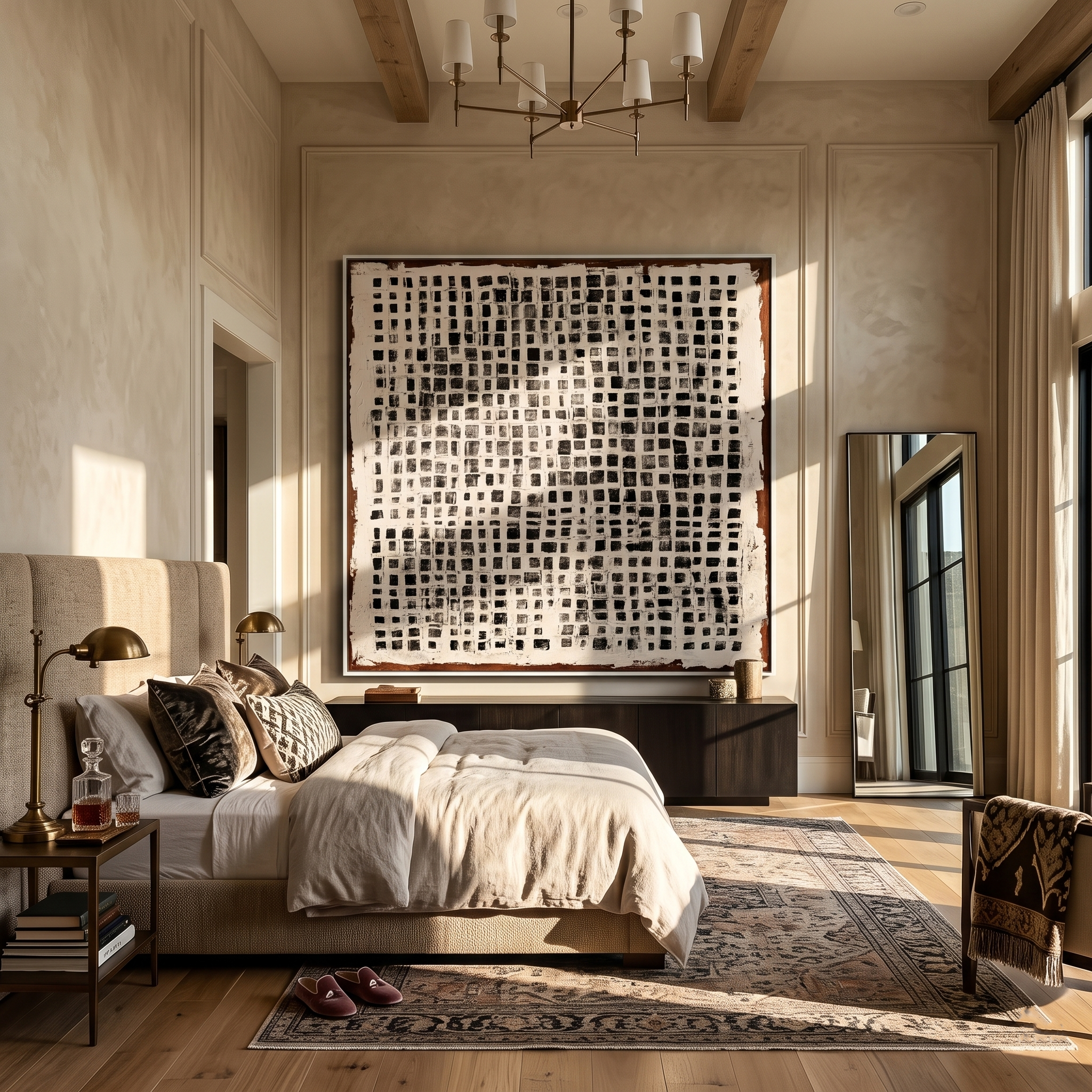 Ink Weave – Black & White Grid Weave Pattern Painting | Minimalist Square Art
