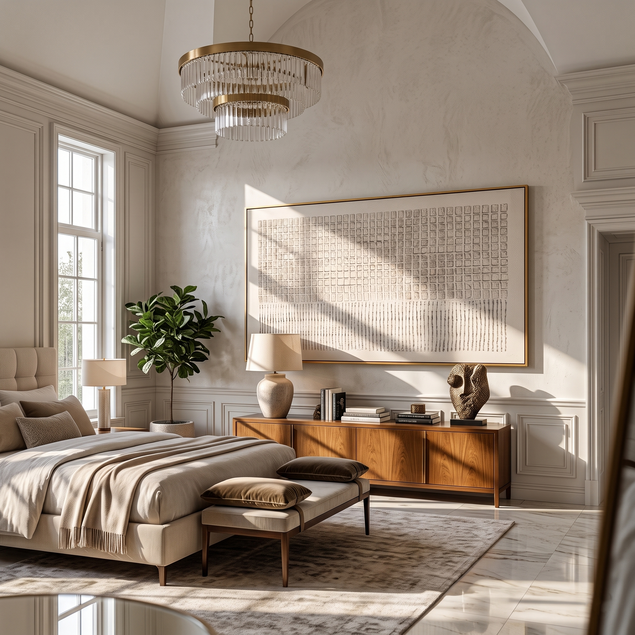 Linen Grid – Panoramic Cream Textured Grid with Line Marks Painting | Wabi-Sabi Panoramic Art