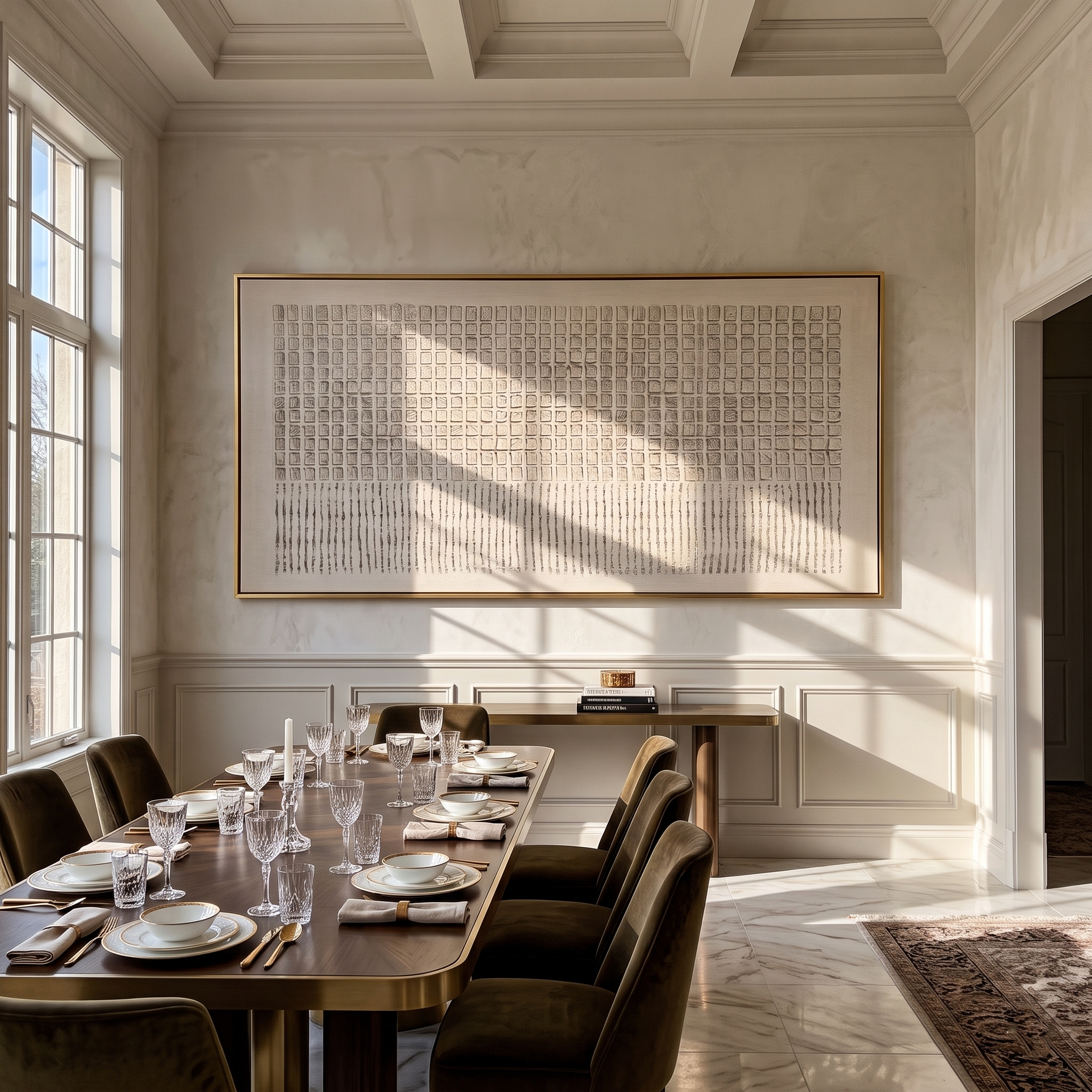 Linen Grid – Panoramic Cream Textured Grid with Line Marks Painting | Wabi-Sabi Panoramic Art