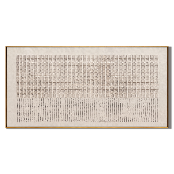 Linen Grid – Panoramic Cream Textured Grid with Line Marks Painting | Wabi-Sabi Panoramic Art