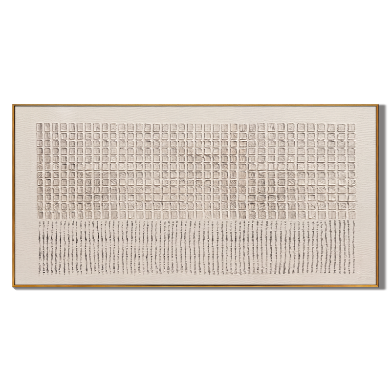 Linen Grid – Panoramic Cream Textured Grid with Line Marks Painting | Wabi-Sabi Panoramic Art