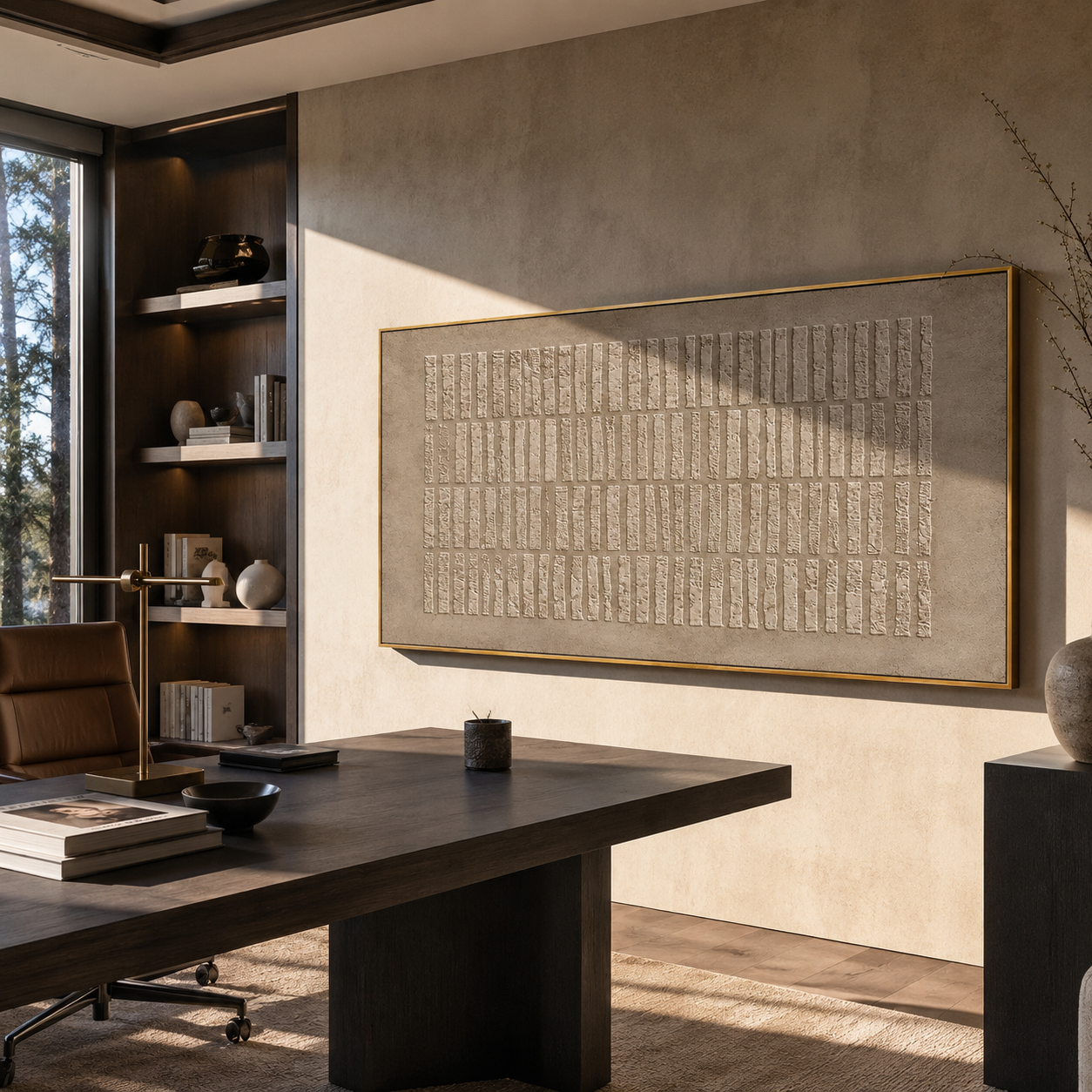 Weathered stone-strip textured painting displayed in a sunlit home office