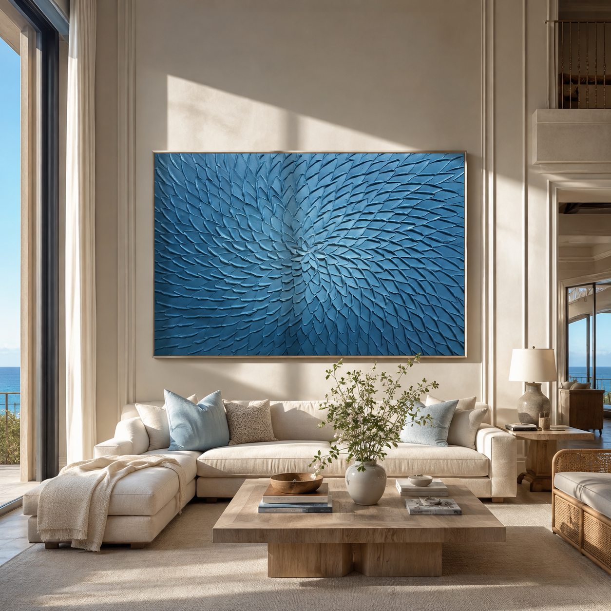 Blue impasto bloom painting above a cream sectional sofa in a living room