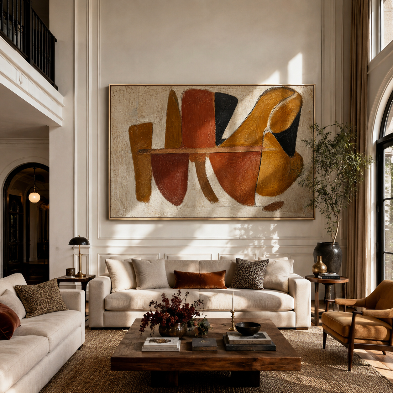 Terracotta and black abstract painting above a cream sofa in a living room