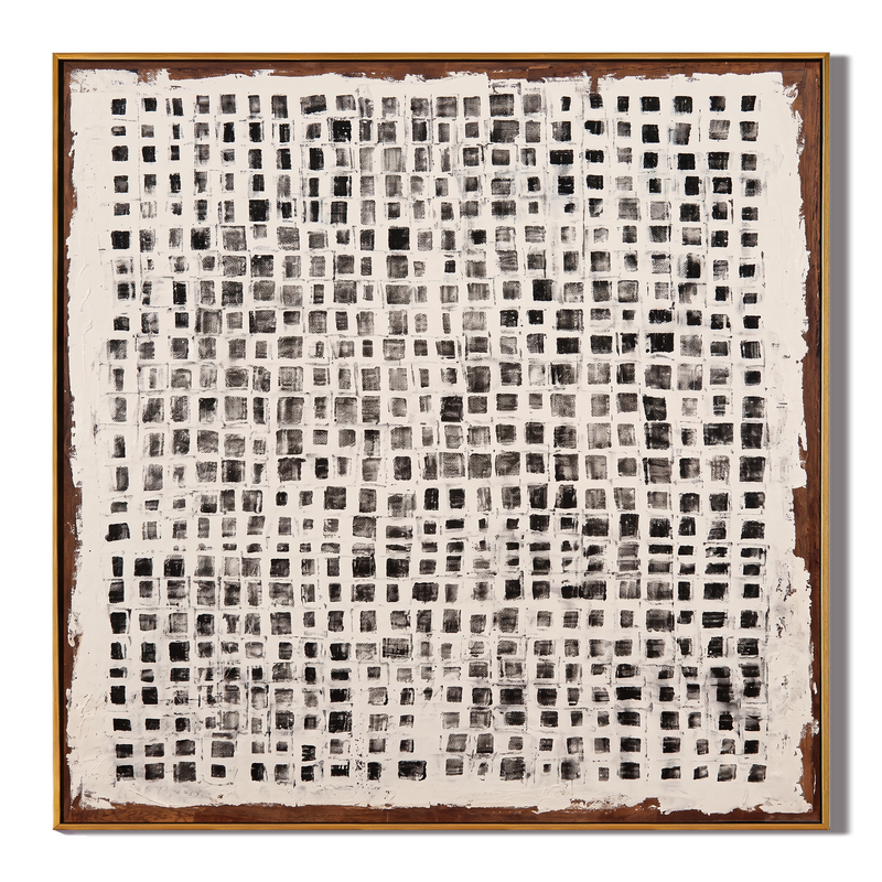 Ink Weave – Black & White Grid Weave Pattern Painting | Minimalist Square Art