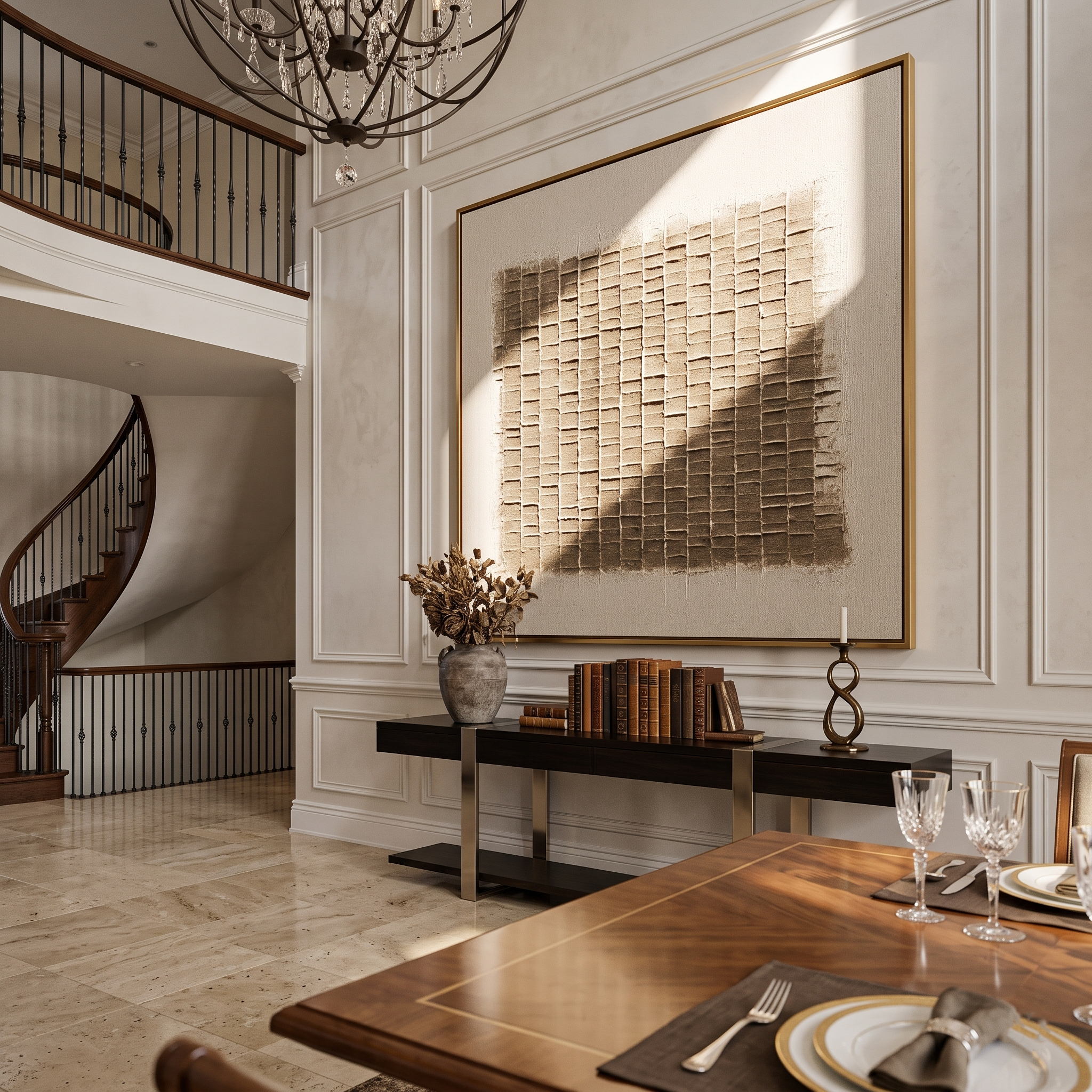 Taupe woven-texture plaster relief painting above a dark console table