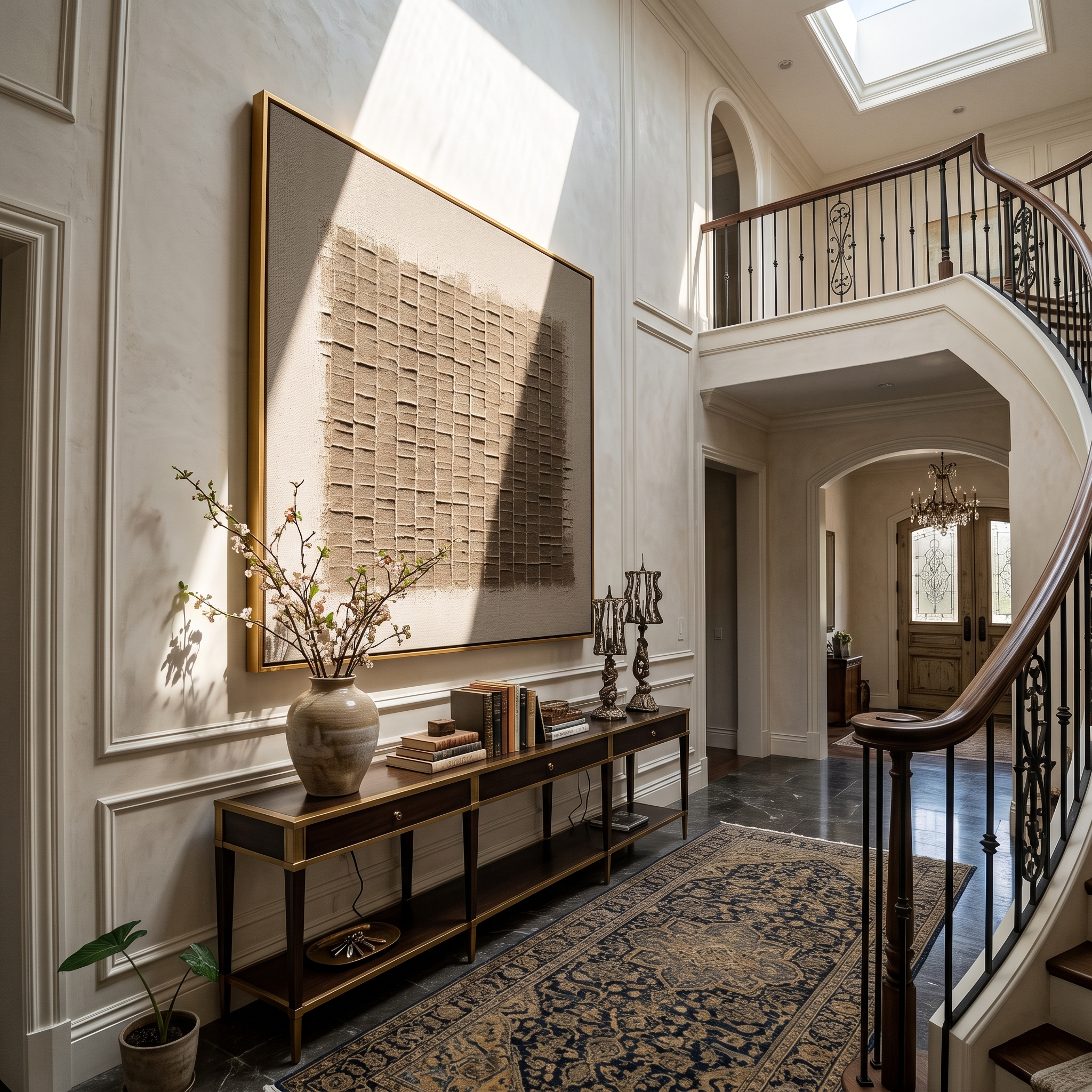 Square woven plaster relief art displayed in a marble entryway with staircase