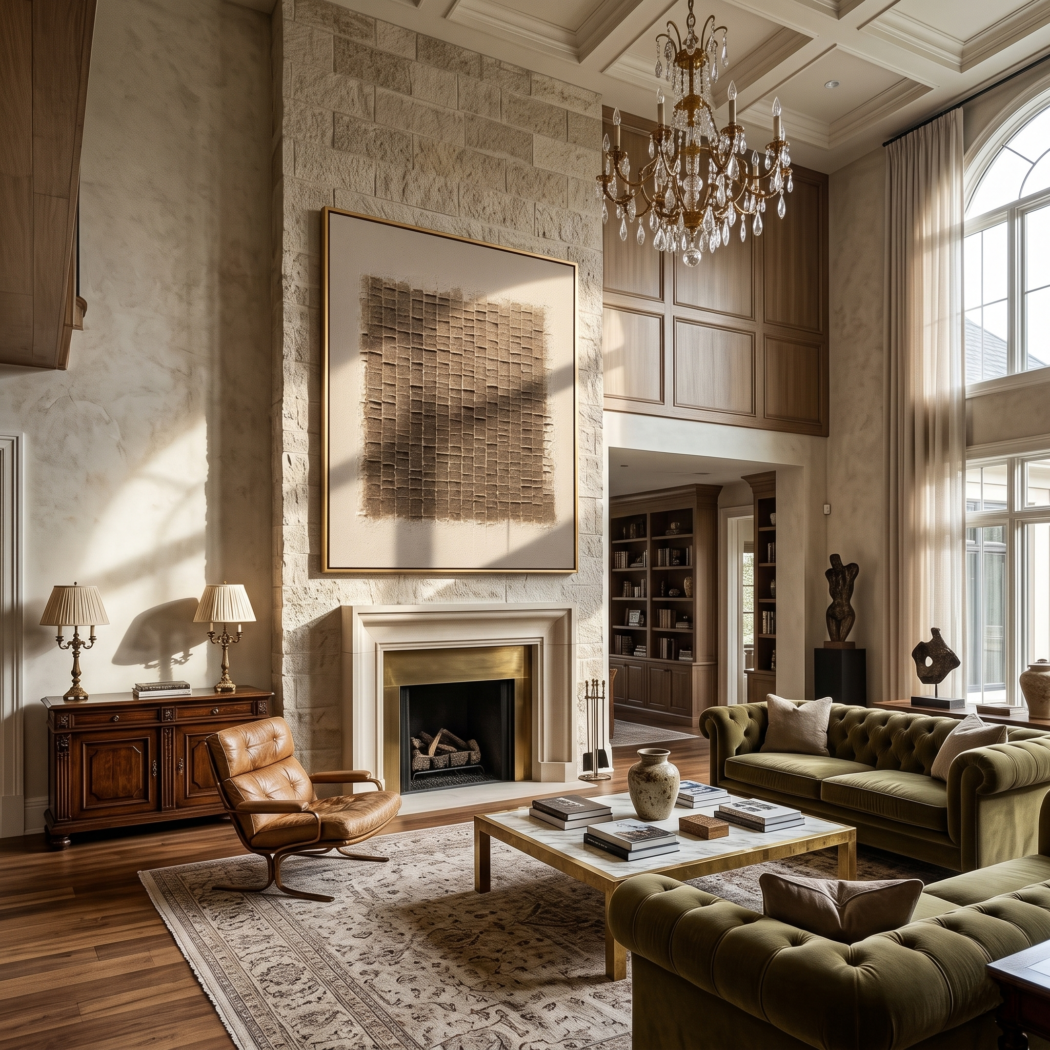 Taupe textured relief canvas above a stone fireplace in a living room