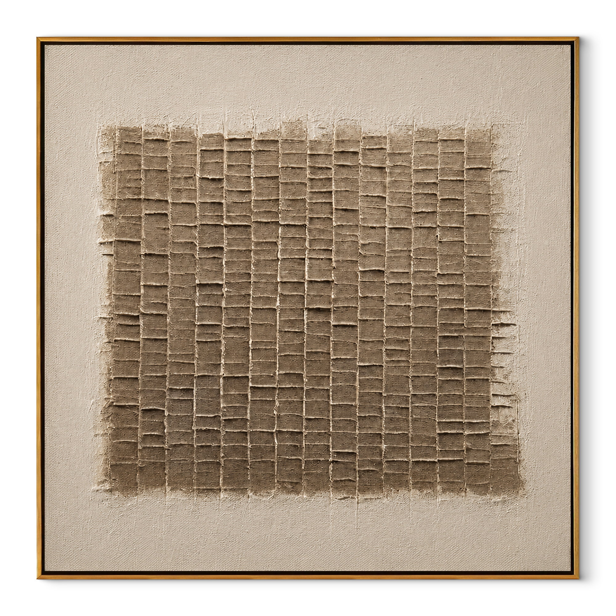 Sunlit Woven Grid framed square canvas with wood frame, taupe woven relief art