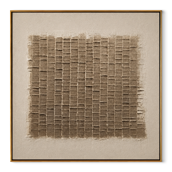 Sunlit Woven Grid – Taupe Plaster Relief Painting | Minimalist Square Wall Art