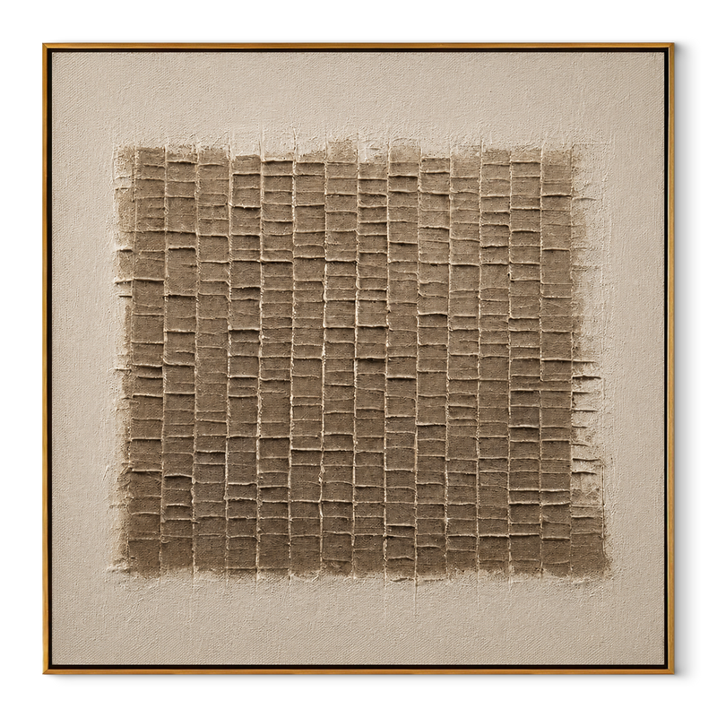 Sunlit Woven Grid – Taupe Plaster Relief Painting | Minimalist Square Wall Art