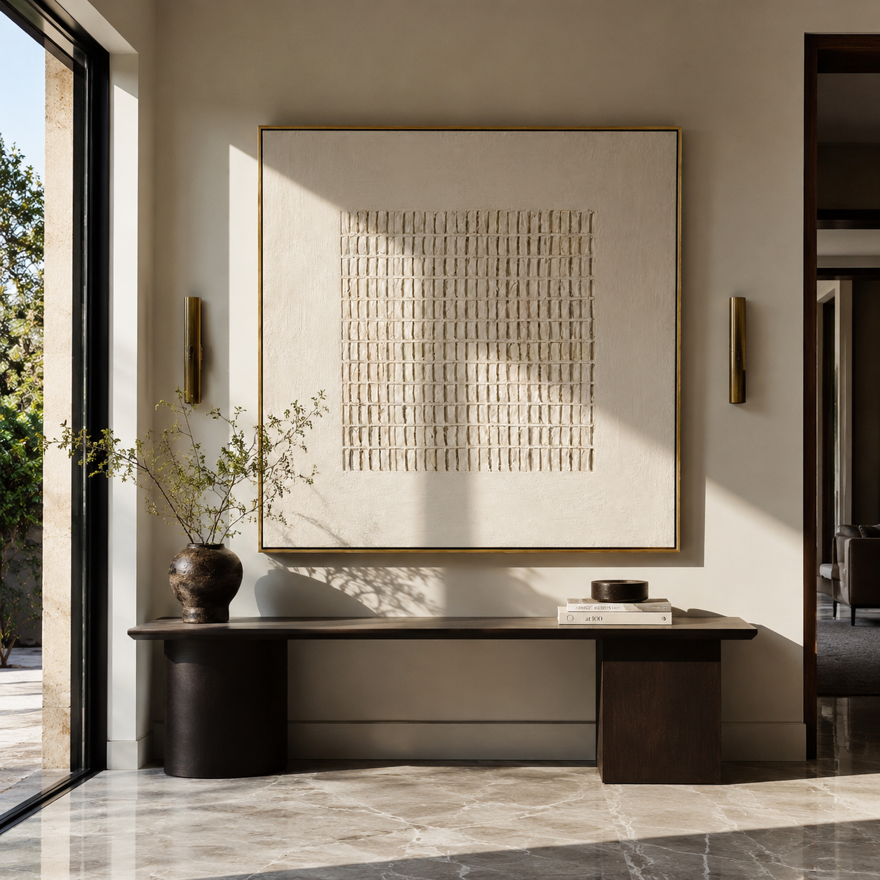 Quiet Ivory Lattice cream plaster relief painting above a dark wood console