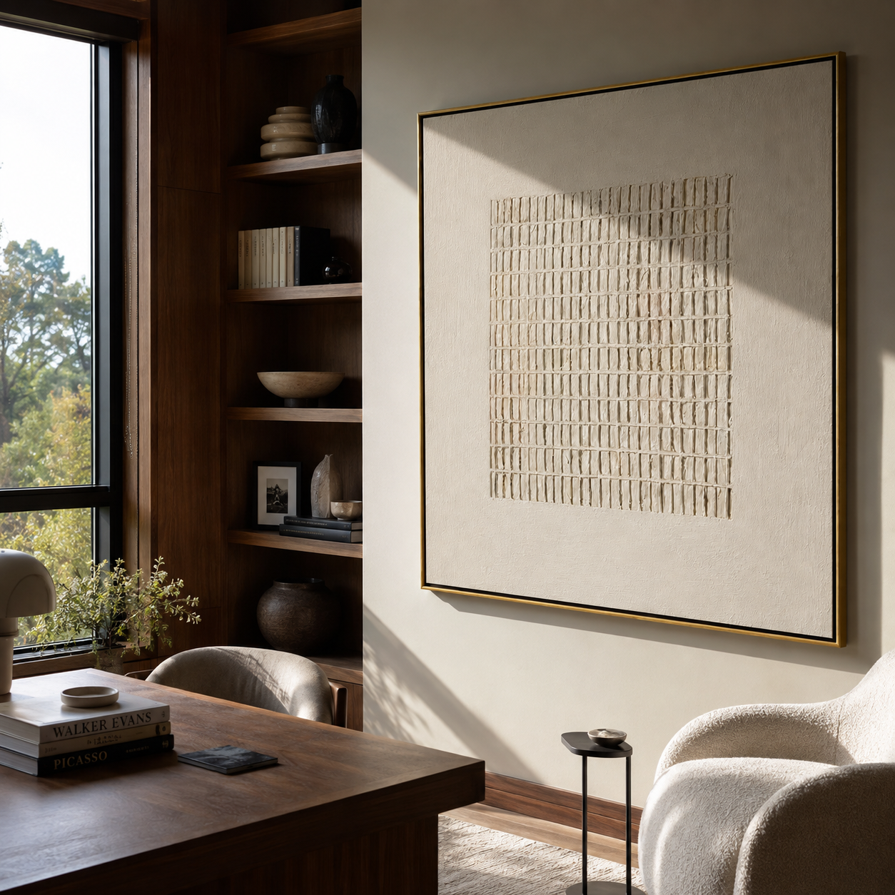 Ivory lattice plaster relief painting hanging in a wood-paneled home office
