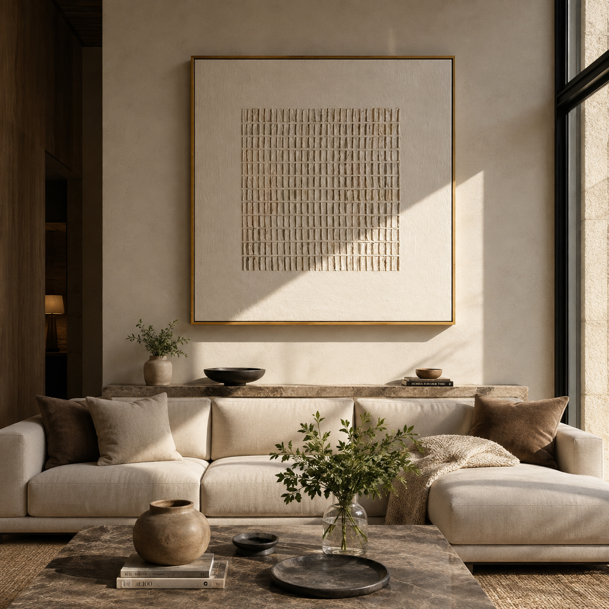 Cream textured square painting above a beige sectional sofa in a living room