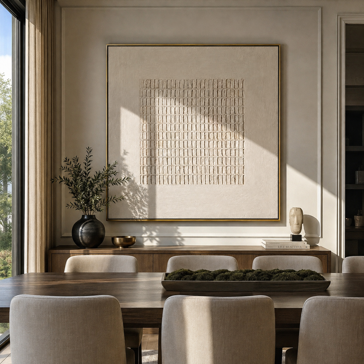 Ivory plaster relief art displayed above a marble dining room sideboard