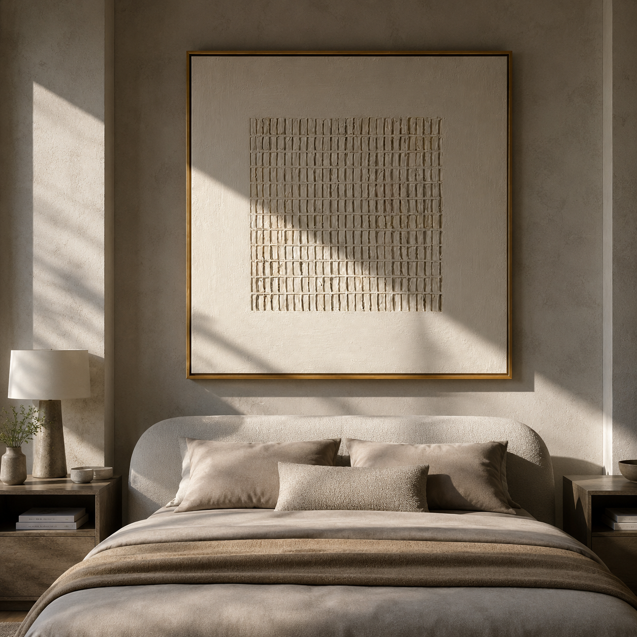 Minimalist ivory lattice canvas art above a bed in a neutral bedroom