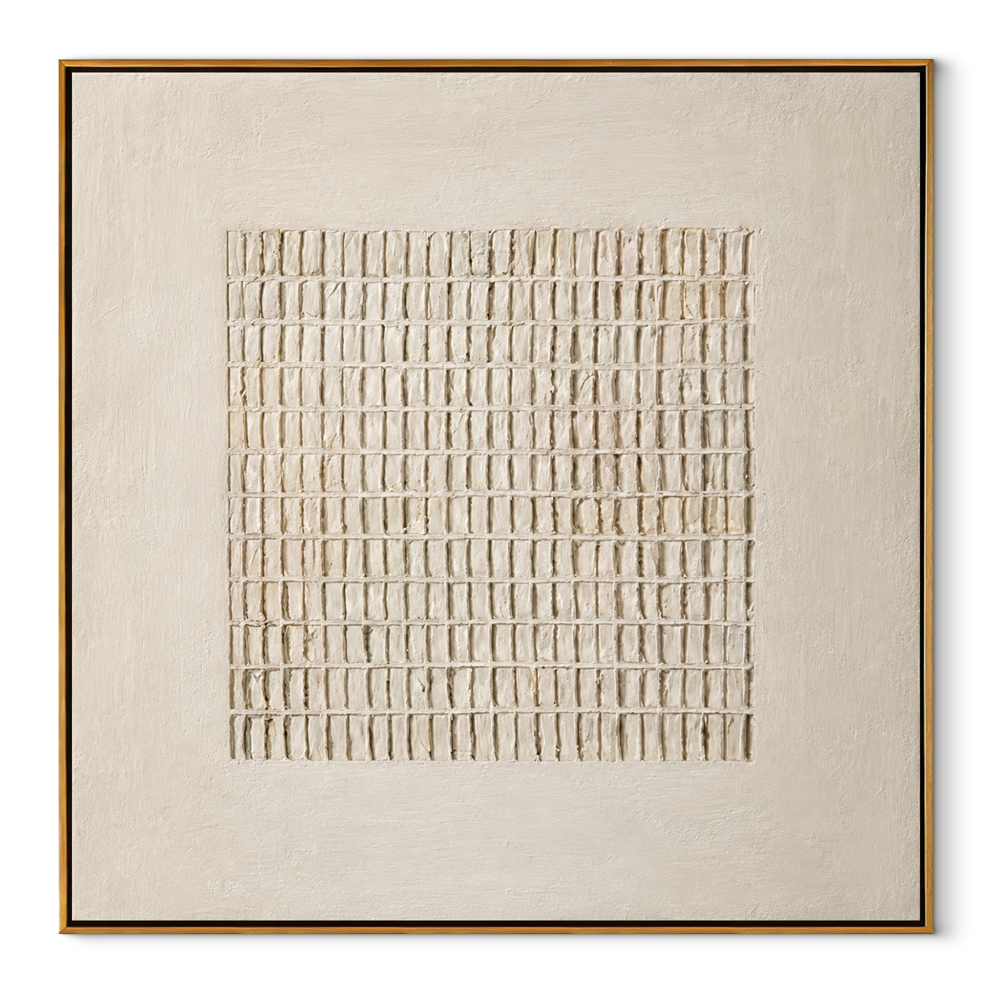 Quiet Ivory Lattice framed square canvas with wood frame, ivory plaster relief art