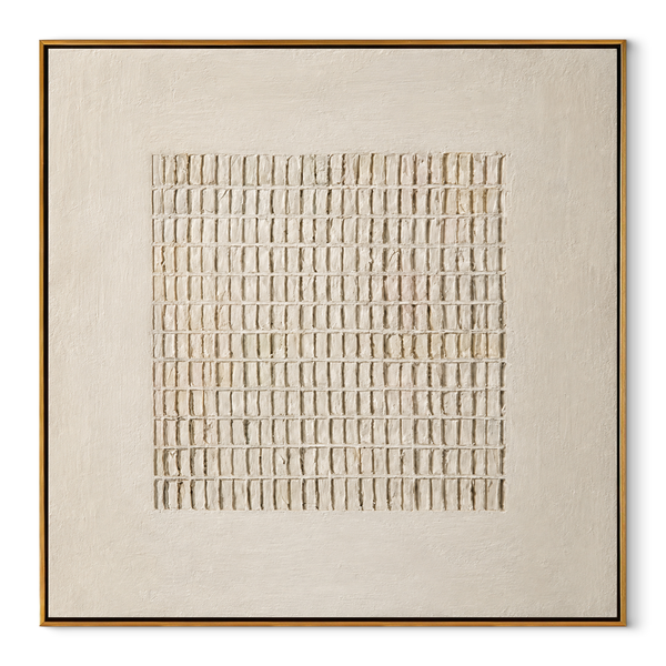 Quiet Ivory Lattice – Cream Plaster Relief Painting | Minimalist Square Wall Art