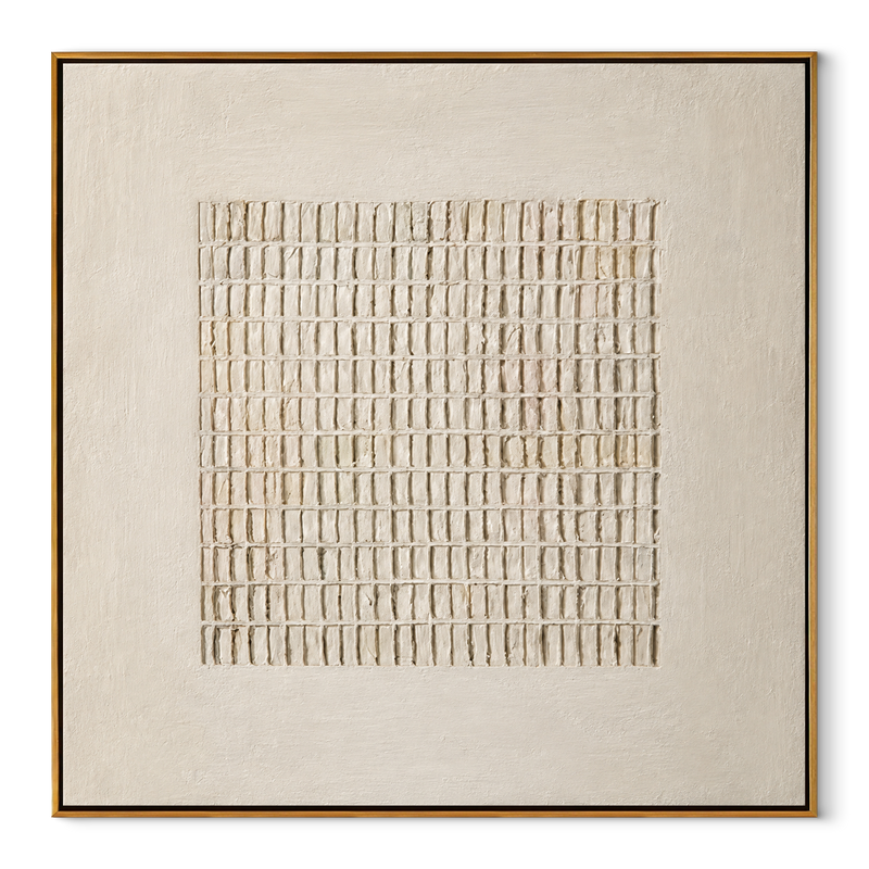 Quiet Ivory Lattice – Cream Plaster Relief Painting | Minimalist Square Wall Art