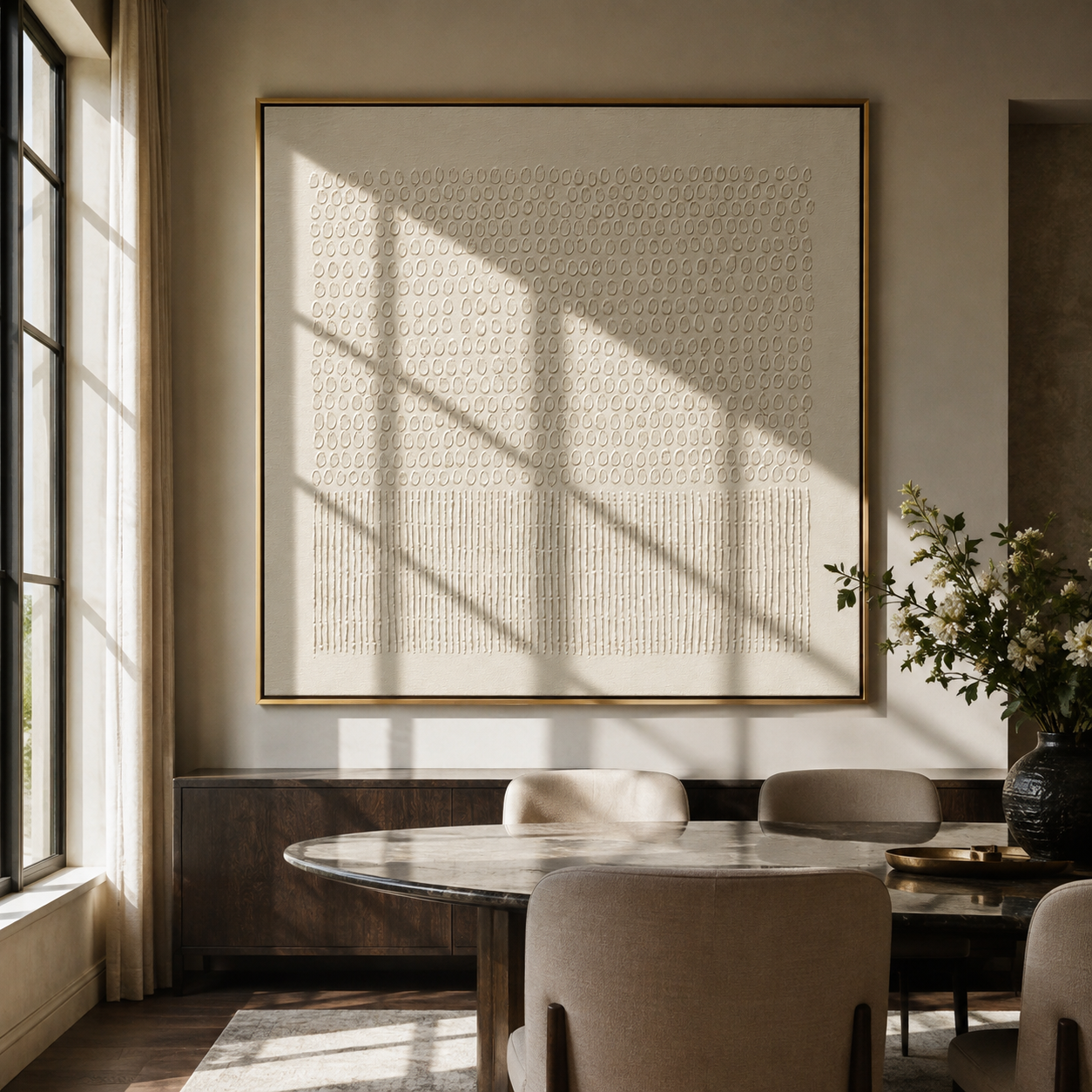 Textured square canvas art above a dining table with wood chairs