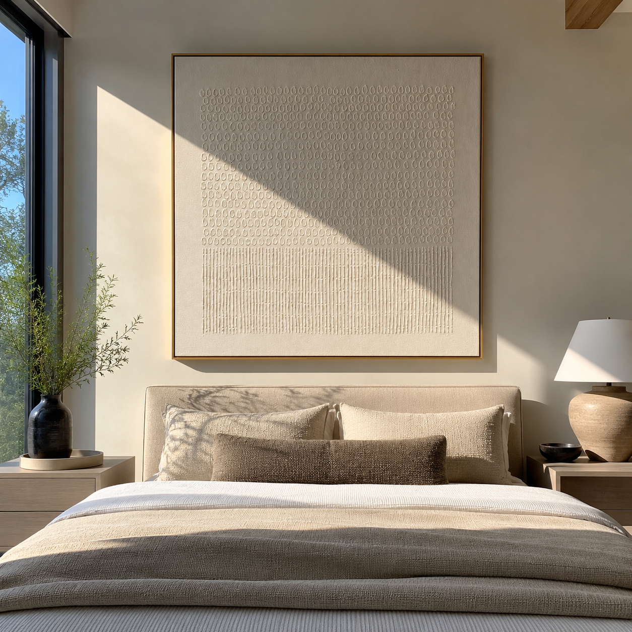 Ivory textured relief painting hanging above a bed in a sunlit bedroom