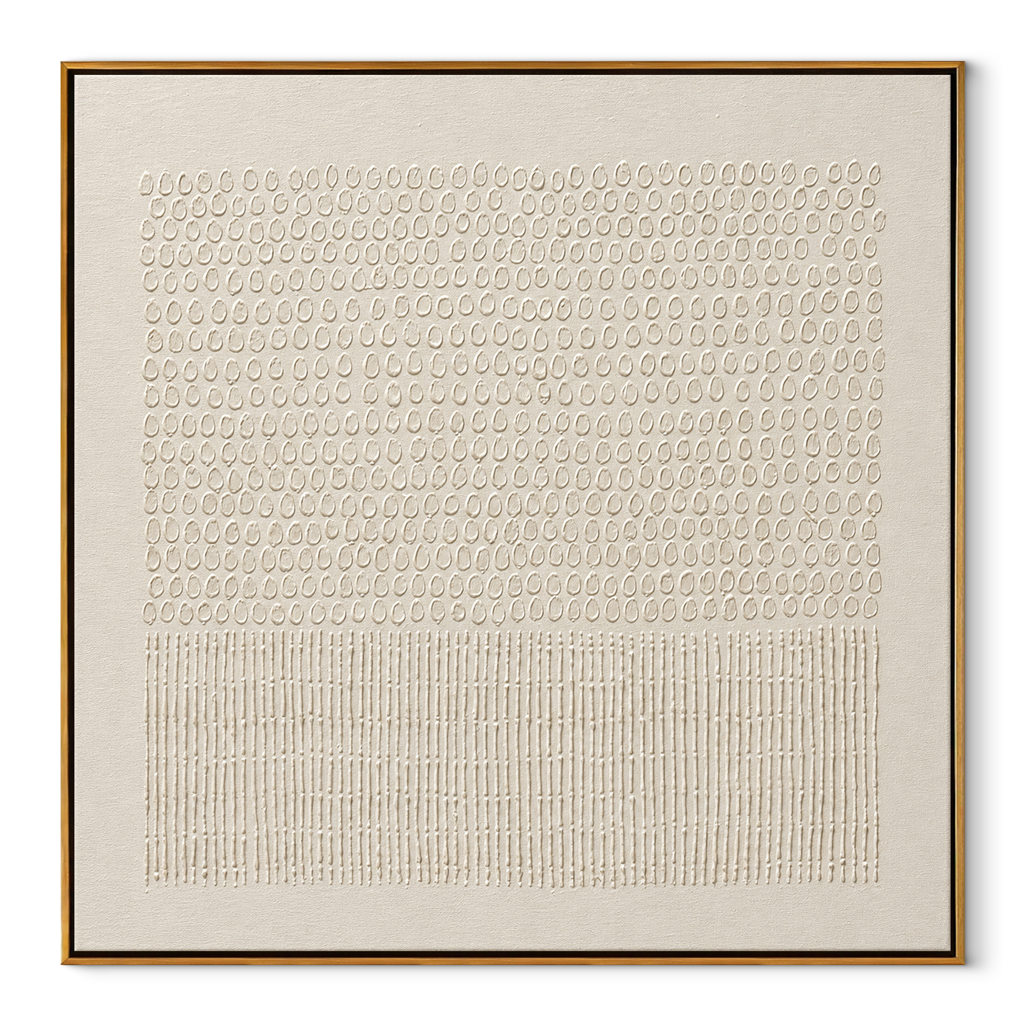 Pebbled Rain Rhythm framed square canvas with wood frame, ivory pebbled texture art