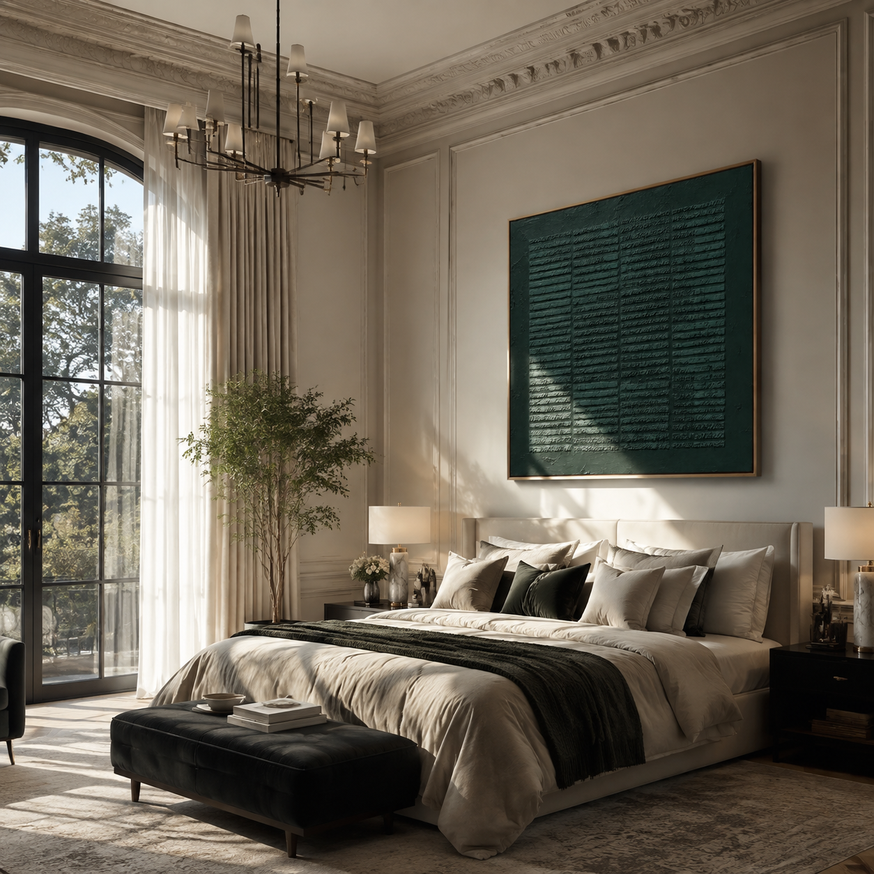 Emerald Ledger Lines deep green textured plaster painting above a bedroom bed