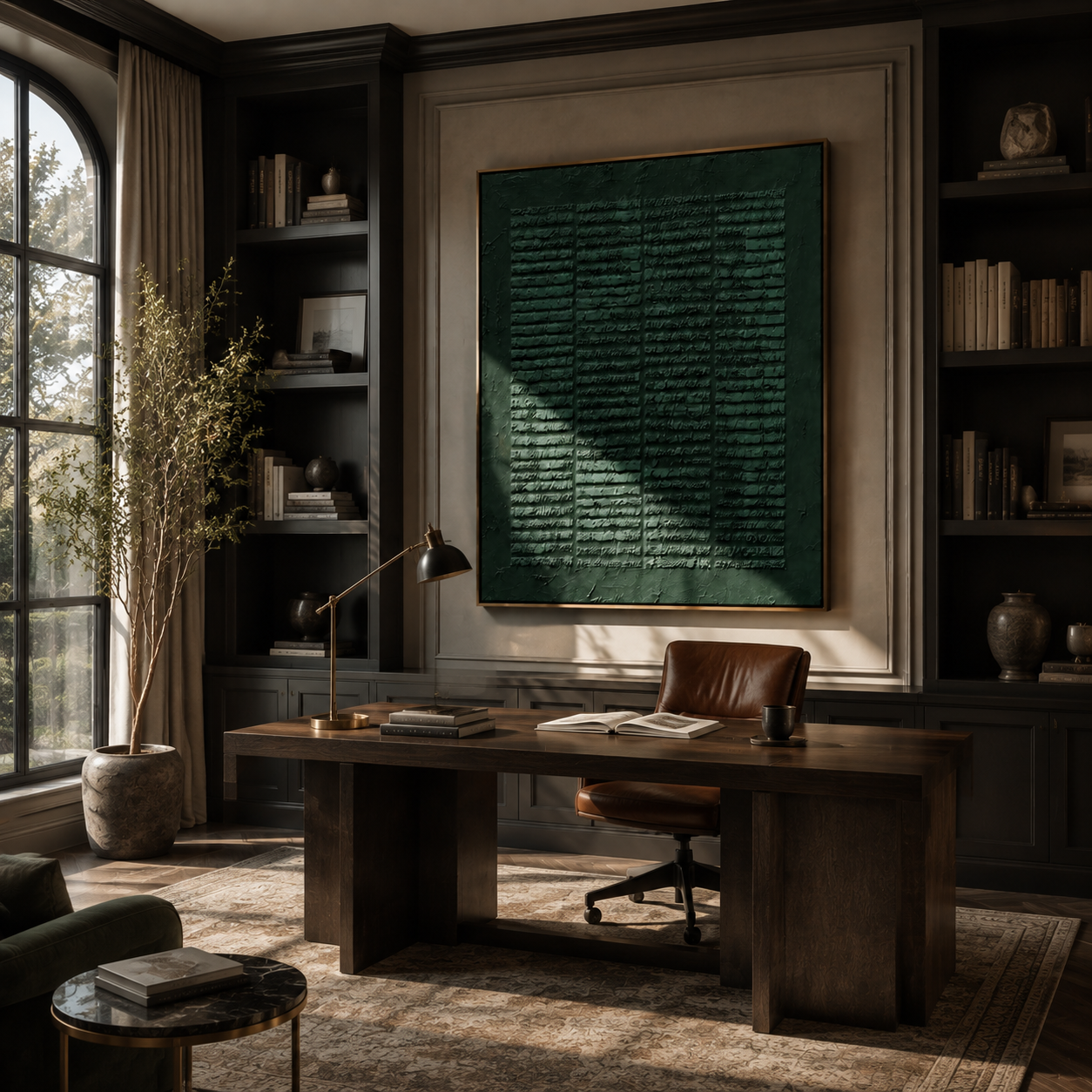 Deep green script-textured art above a wood-paneled home office desk