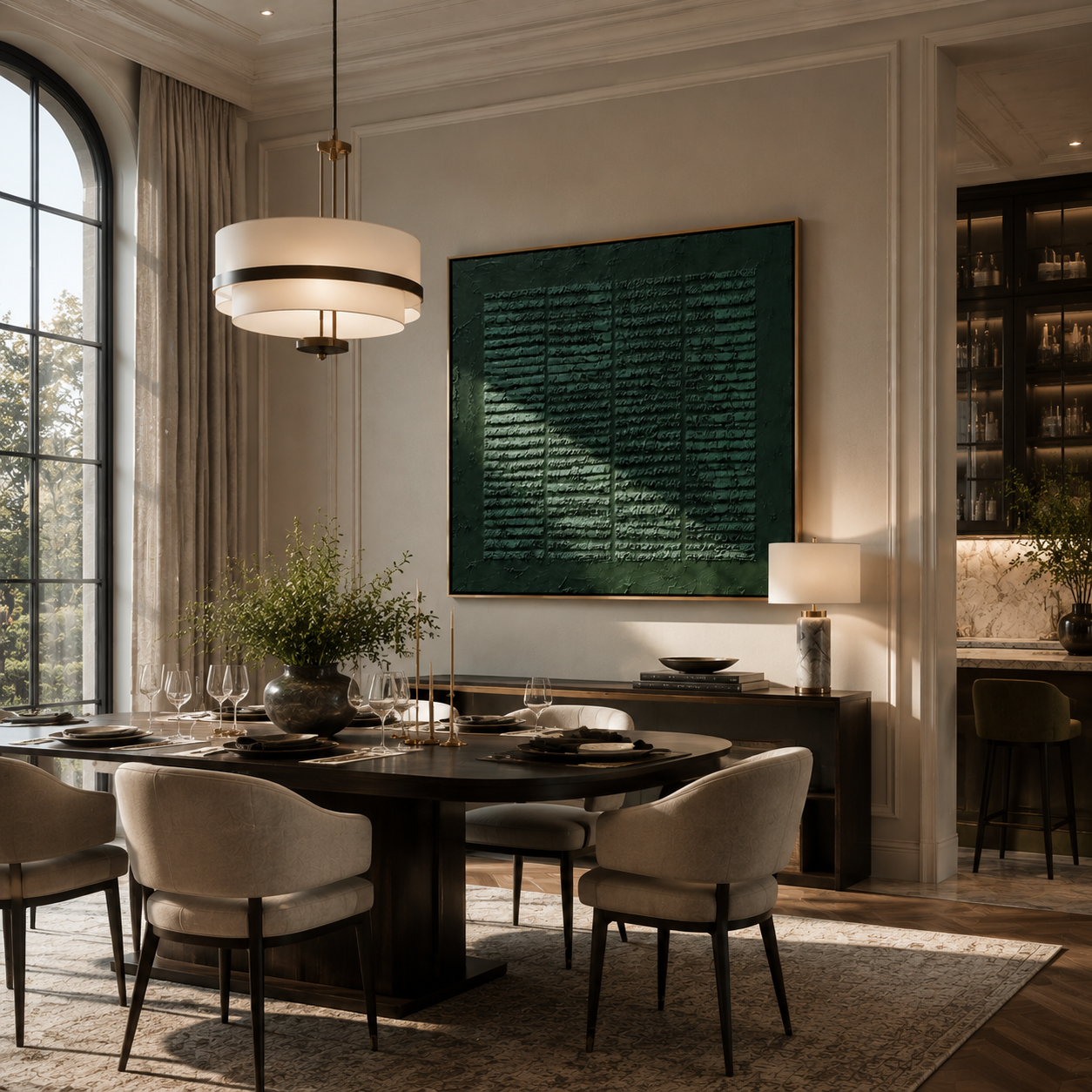 Emerald textured canvas art displayed above a dining room bar cabinet
