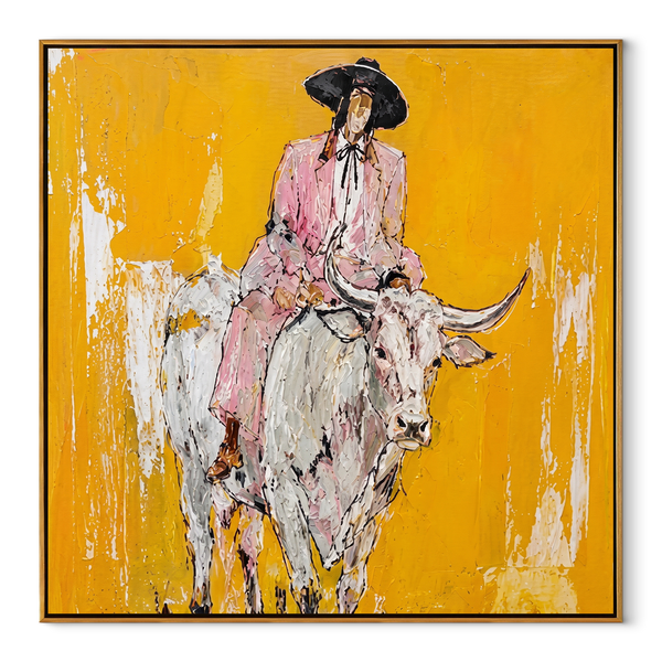 Mustard Dust Carries Pink – Pink Cowboy on White Longhorn Painting | Contemporary Western Square Wall Art