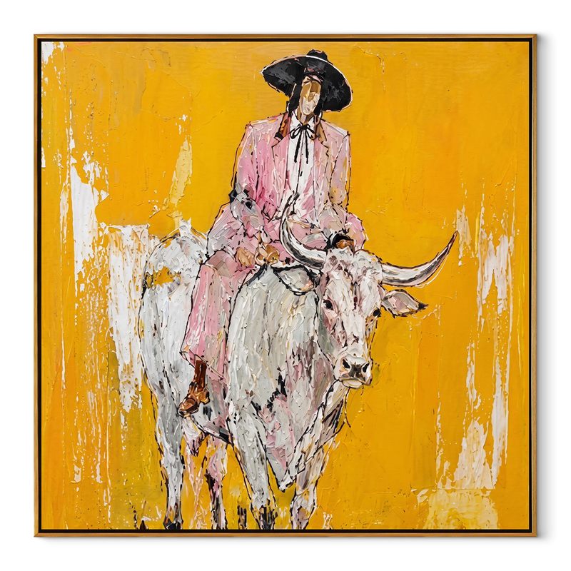 Mustard Dust Carries Pink – Pink Cowboy on White Longhorn Painting | Contemporary Western Square Wall Art