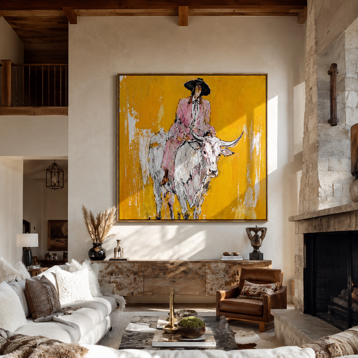 Mustard Dust Carries Pink displayed in a layered residential setting